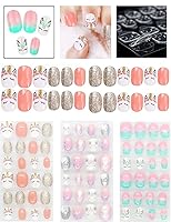 Vista 7 de Uñas postizas a presión para niñas - Juego de arte de uñas con estampado de corazones y flores, uñas postizas cortas, uñas artificiales de cubierta