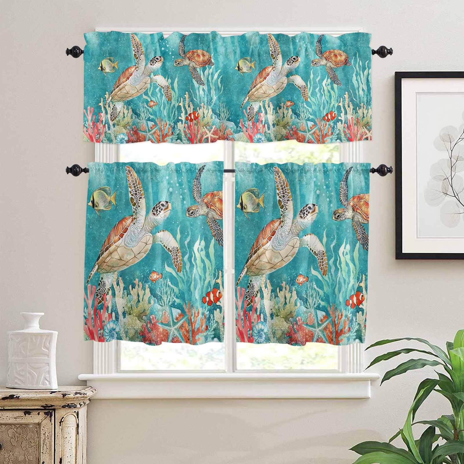 Brown Sea Turtle Coastal Kitchen Curtains 24 Inch Length,3 Piece Rod Pocket Small Half Tiers and Valance Set,Teal Summer Beach Coral Nautical Small Large Window Treatment Decor for Bedroom/Bathroom