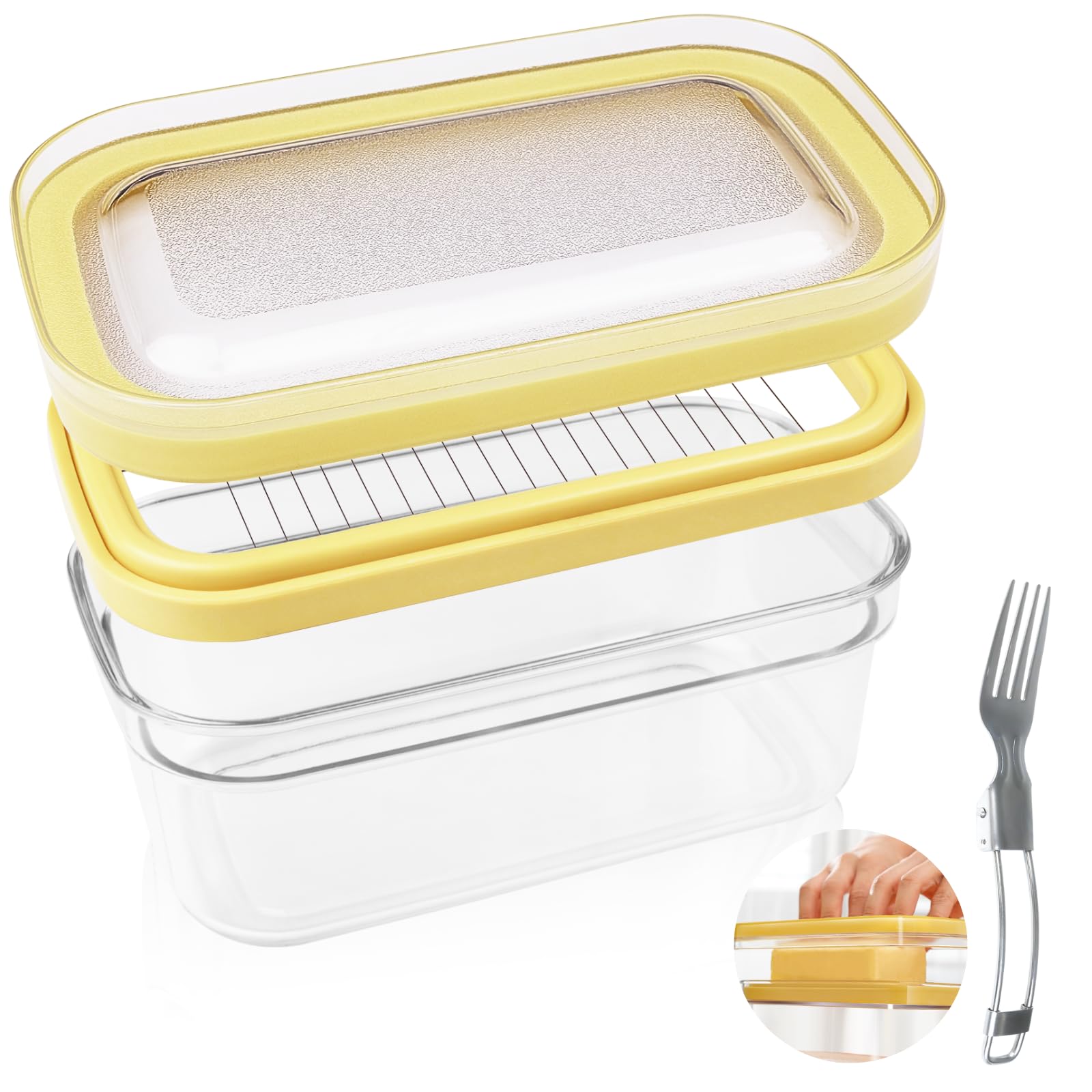 EvcgoXButter Slicer Cutter,Slicing Butter Dish with Lid and Fork Butter Container for Fridge,Stainless Steel Slicer Dispenser for Fast Cutting Anti-drying&odor