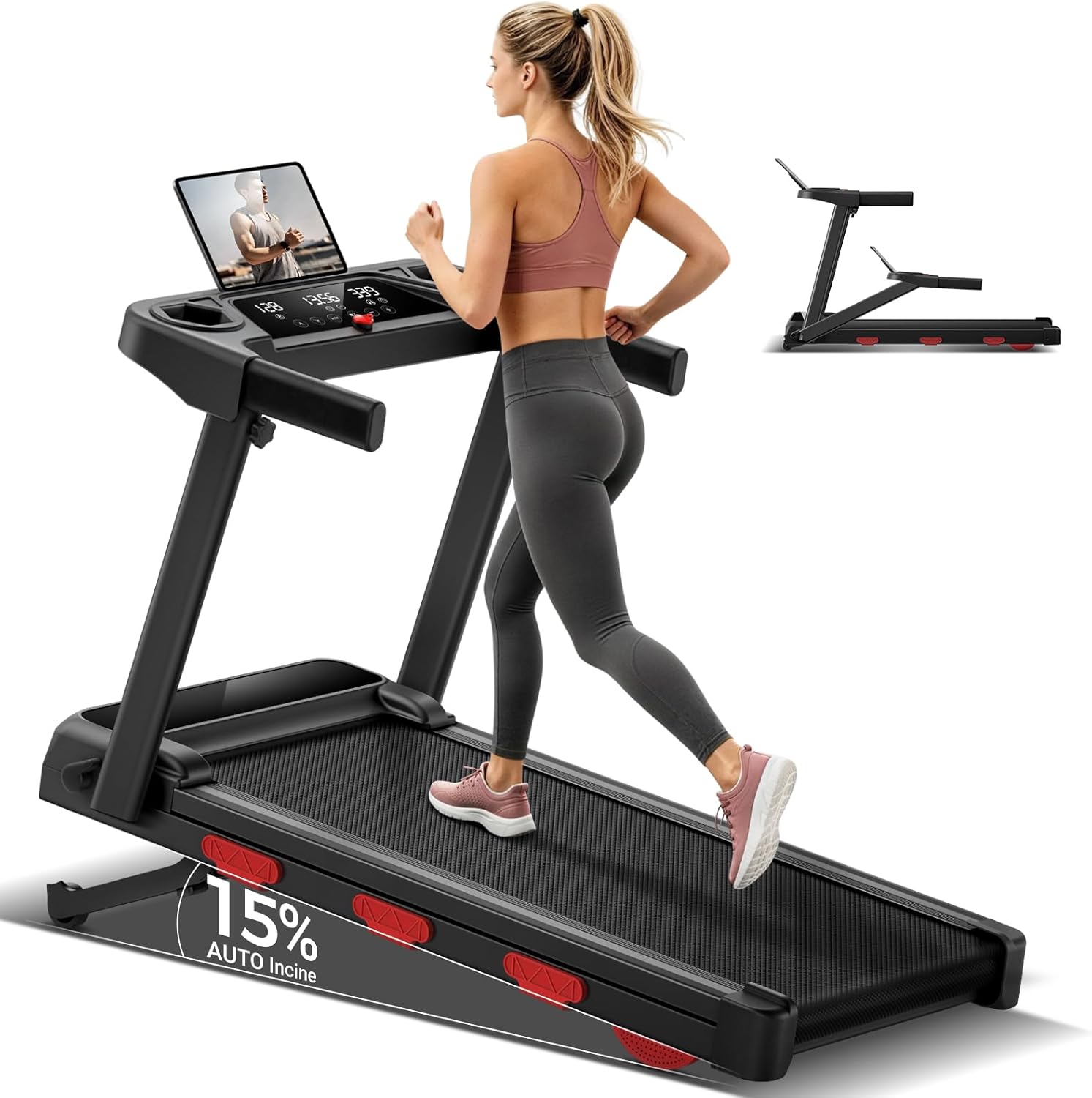 0-15% Auto Incline Folding Treadmills for Home, 3.0HP Low Noise Portable Walking Pad Treadmill, Speed 0.6-7.5 MPH, 3 LED Display, 300LBS Weight Capacity