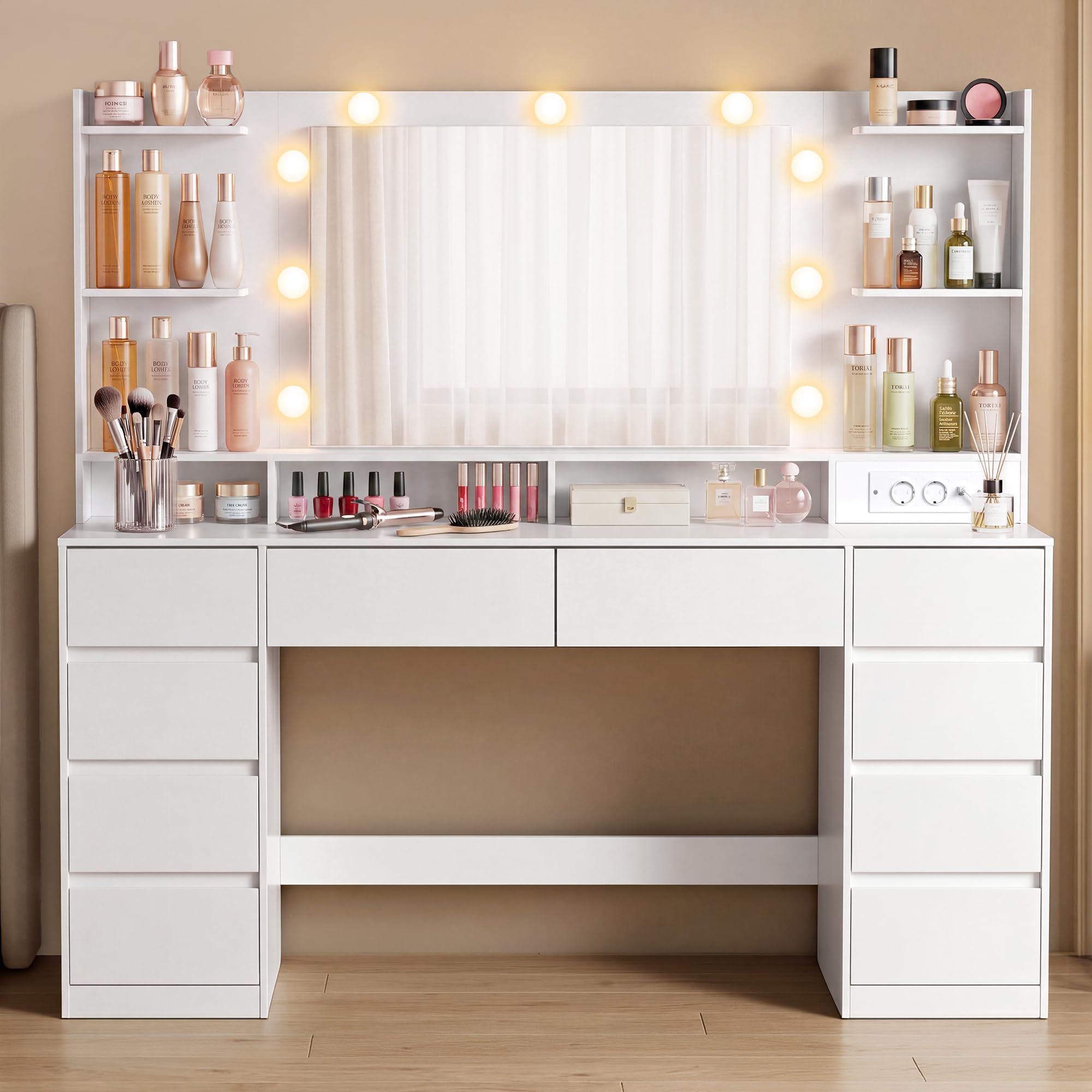 VASAGLE Coiffeuse avec Miroir et LED, 10 Tiroirs, Station de Charge