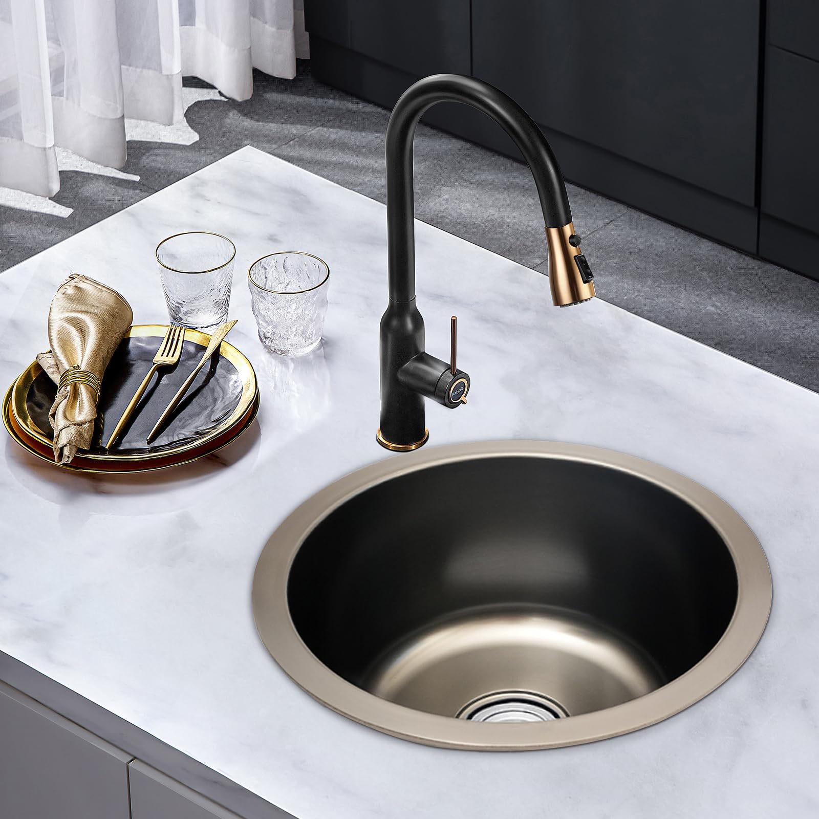 Edelstahlspüle 1 Becken 36cm Rundspüle Einbauspüle Aufbauspüle Spülbecken Klein Küchenspüle mit Ablauf-Set Einzelschlitz-Spüle für Küchen Bäder Studios