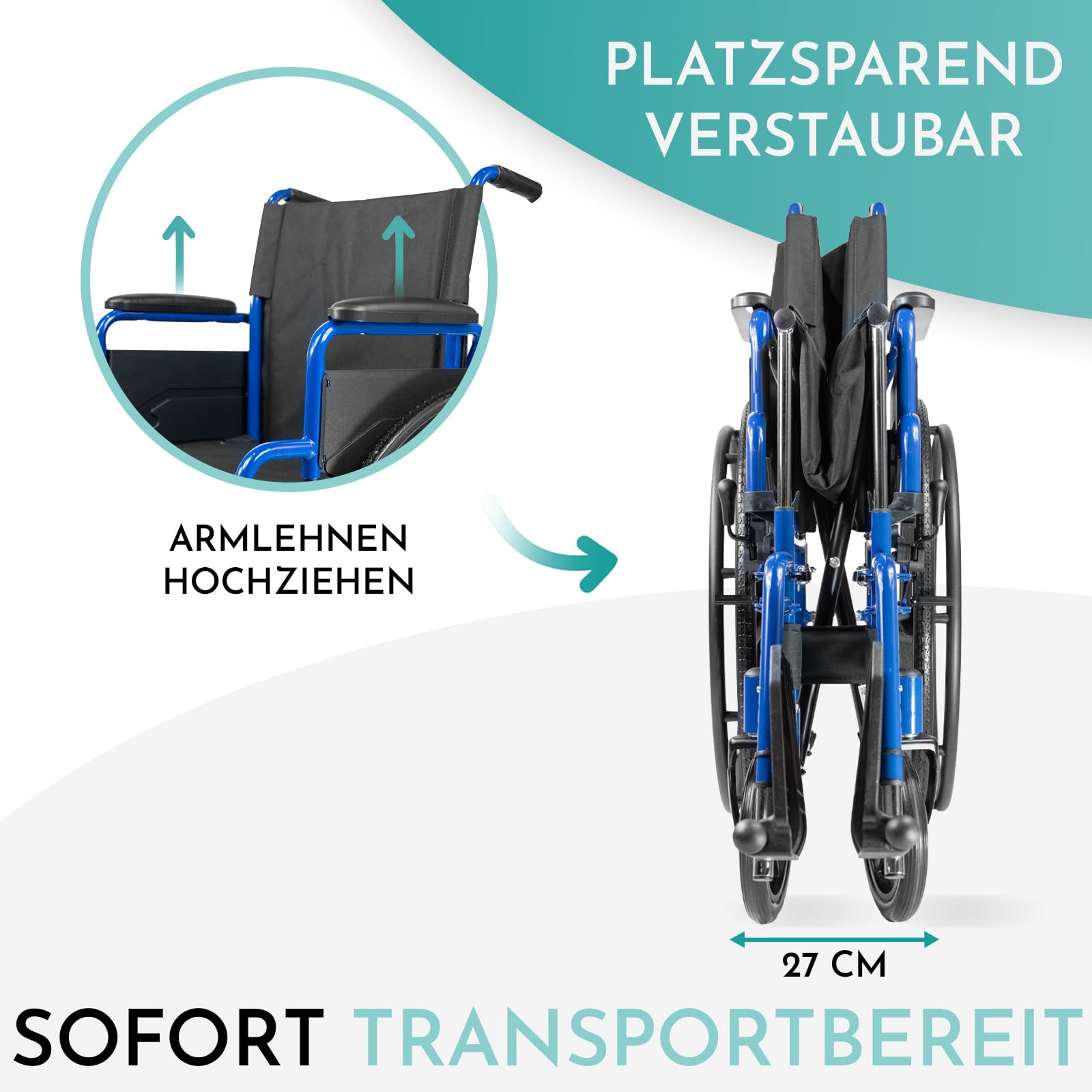Rollstuhl RIO - Transportrollstuhl faltbar 40 cm Sitzbreite | Leichter Greifreifen-Rollstuhl mit Schiebegriffen - klappbare Fußstützen & Armlehnen, ideal als Reiserollstuhl, bis 130 kg