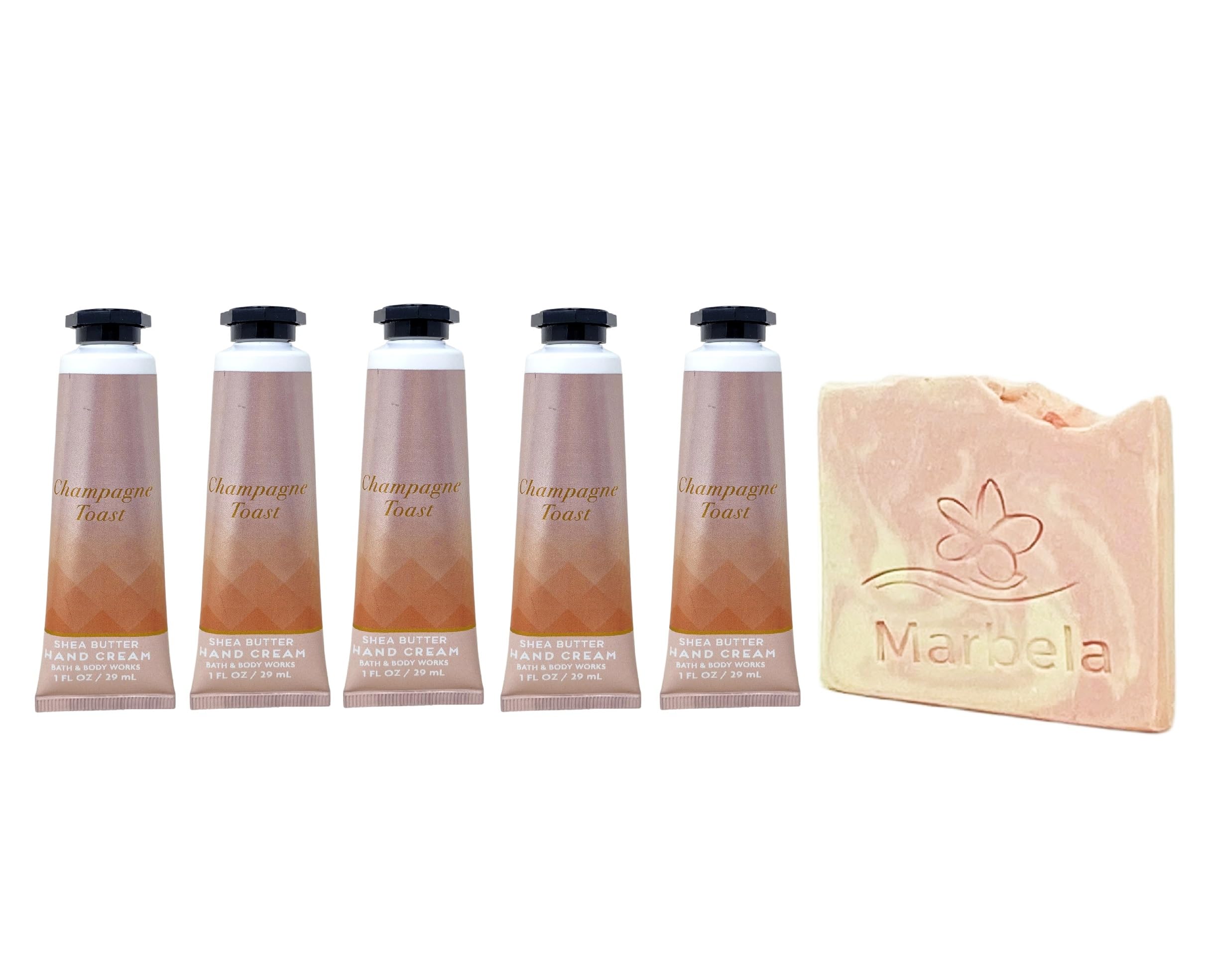 Bath & Body Works Champagne Toast 5 Pack Hand Cream Bundle with a Himalayan Salts Springs Sample Soap