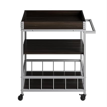FORECRAFTS | Wooden Finish Bar Trolley with Tray for Living Room | Bar Cart with Tray | Metal Cart with Tray (74.5x47x72.5 CM) (Engineered Wood Top with Mild Steel Base) (Dark Mapple/Silver)
