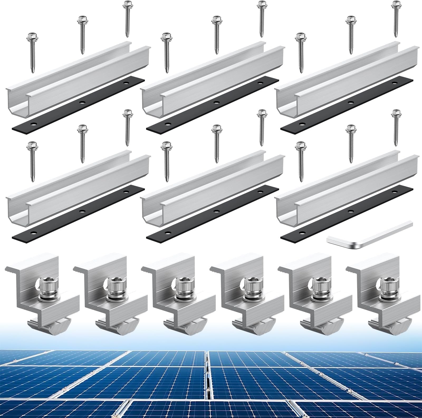 Solar Panel Bracket Kit, 6 Pcs 7.87 in Aluminium Solar Panel Mounting Rail 30mm/35mm Solar Panel End Clamps, Solar Panel Brackets for Metal Roof, Tin Roof, Flat Roof, Sheet Roof, RV, Silver