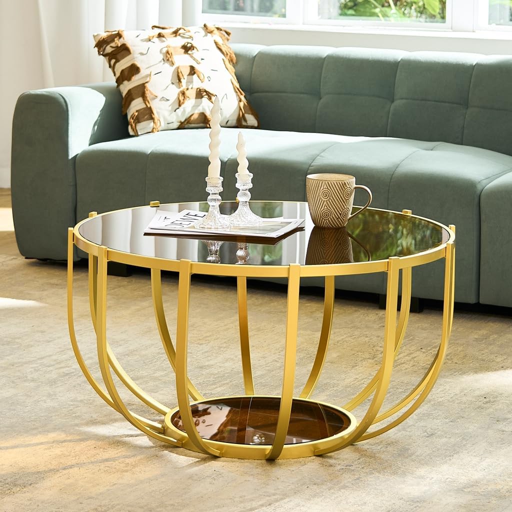AGV LIGHTING Round Glass Coffee Table, Black Glass Top, Transparent Acrylic Leg & Shiny Gold Finish Frame