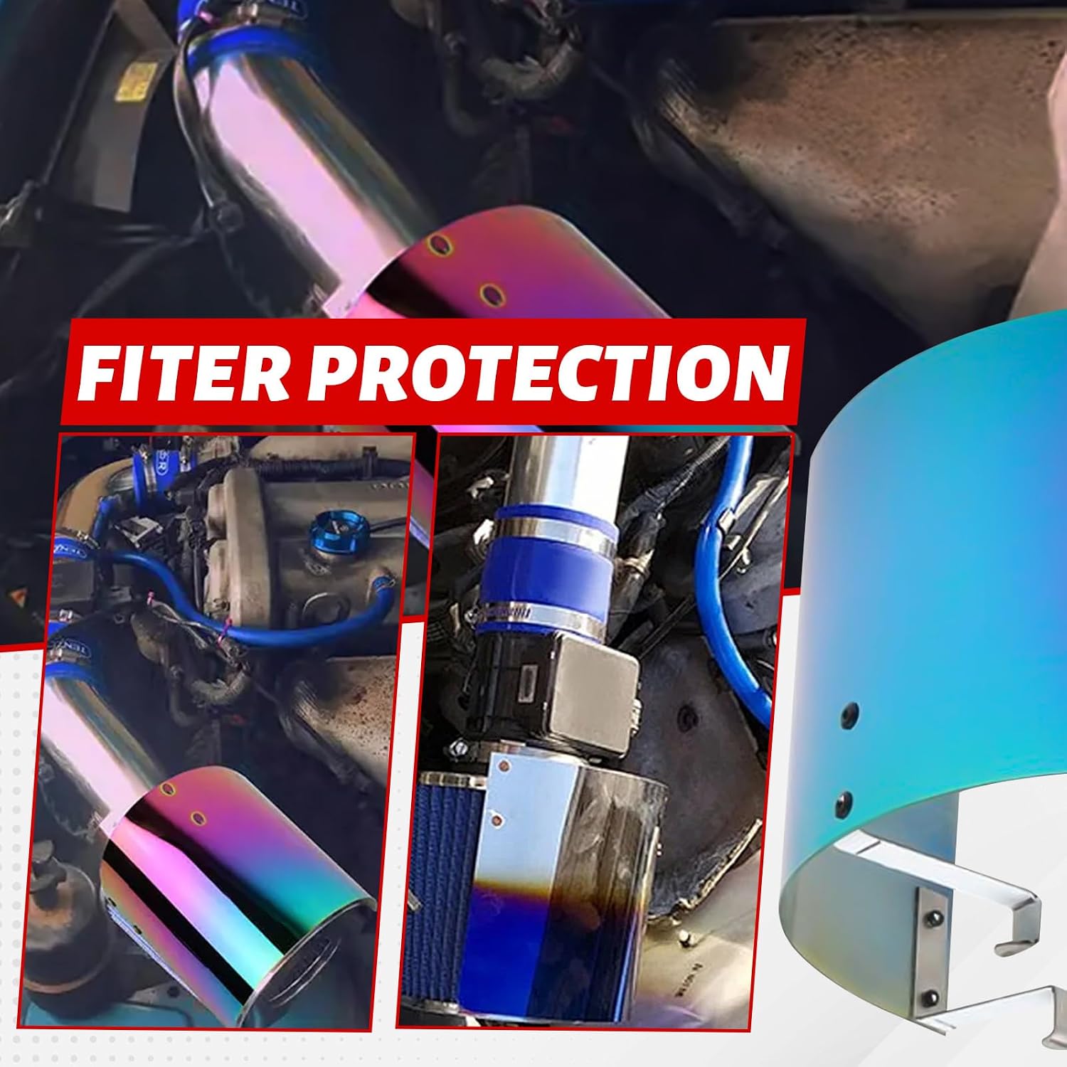 Universal Air Intake Filter Cover Heat Shield Stainless Steel Carbon Fiber Cover compatible with 2.5-3.5" Cone Filter (Colorful)