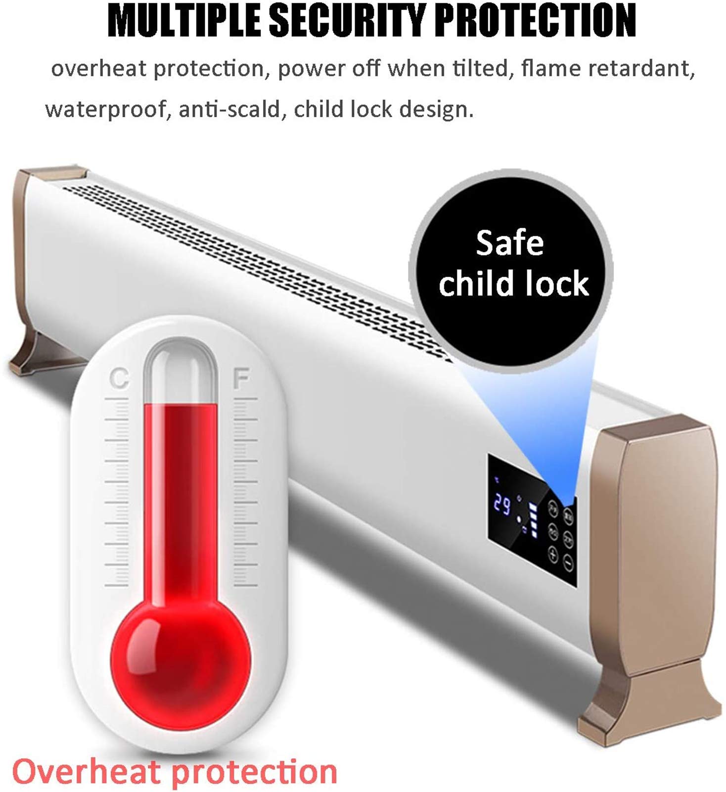 Riscaldatori elettrici elettrici Battiscopa Termoconvettore con termostato Intelligente, Timer Digitale 24 Ore, Blocco Bambini, Telecomando, per casa/conservatorio - Radiatore a battiscopa