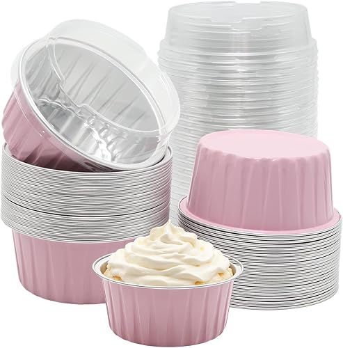 50 Pack 5oz Mini Cake Pans with Lids, Round Disposable Ramekins Brownie Pudding Cupcake Baking Cups for Wedding Birthday Party, Pink