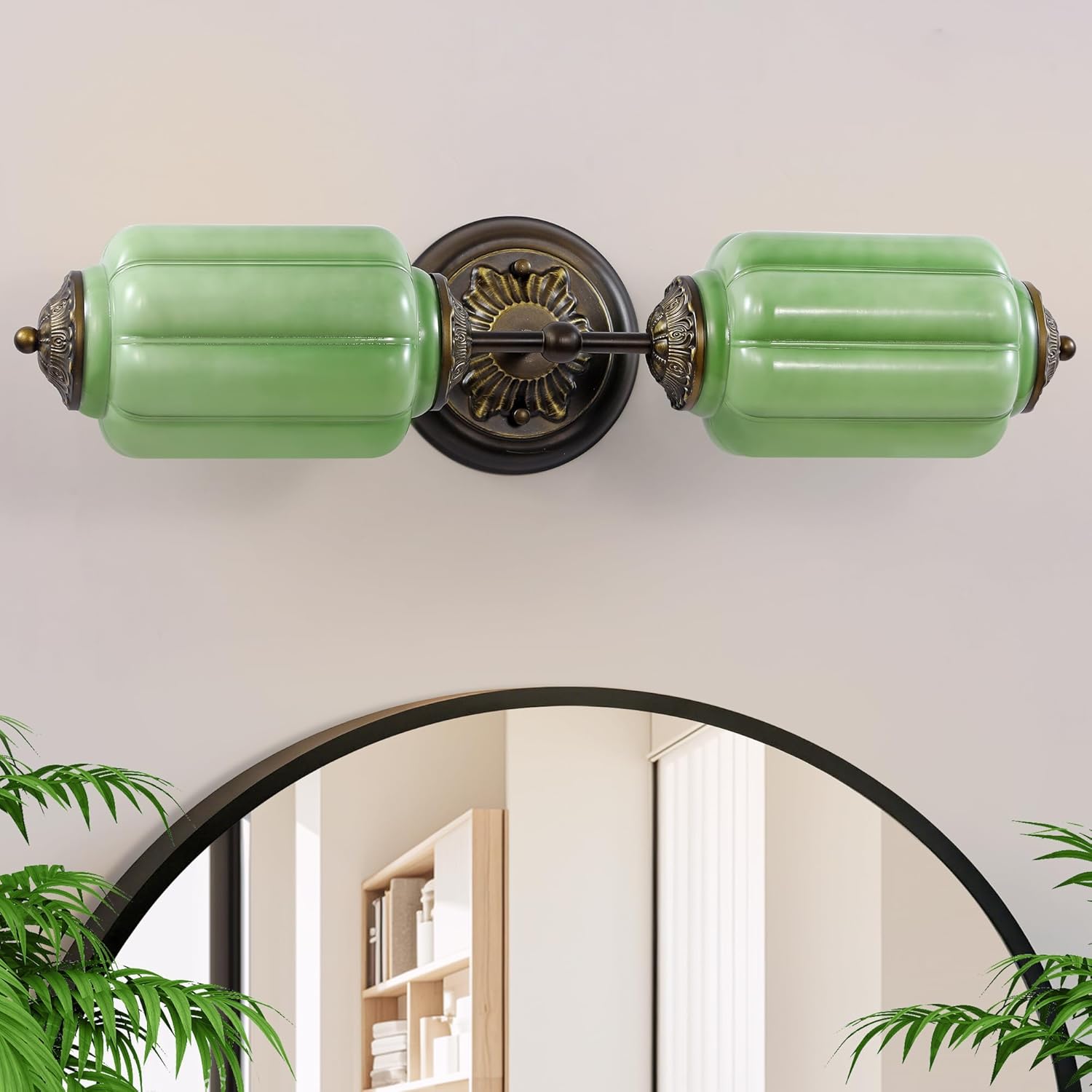 Vintage Milk Glass Bathroom Light Fixtures, 2-Light Antique Vanity Lights with Emerald Green Pumpkin Glass Shade, Retro Wall Sconce for Kitchen Living Room Hallway