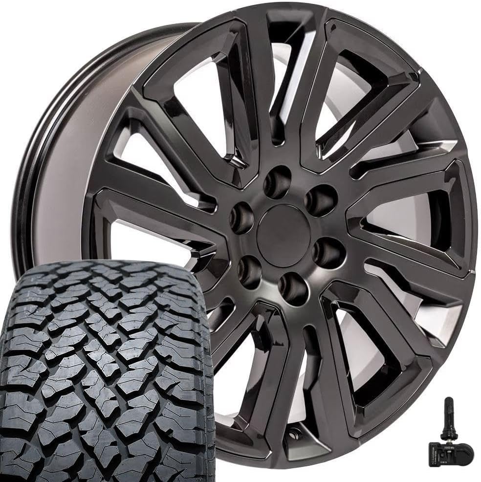 OE Wheels CV39 22 Inch Rims and Tires Fit Sierra 1500 Style 6x139.7 22x9 Satin Black with Gloss Black Insert - Hollander 5901 - TS-37 AT 285/45-22 (Set of 4)