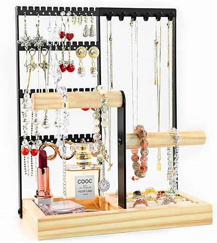 Organizador de joyas, soporte de pie, 4 niveles para aretes con 48 agujeros, 6 ganchos para colgar, bandeja organizadora de anillos de 6 filas con
