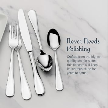 Mikasa Bravo 18/10 Stainless Steel Flatware Set, 101-Piece Service for 12, Polished Silver Silverware Set with Teardrop Handle, Dishwasher Safe Cutlery Set