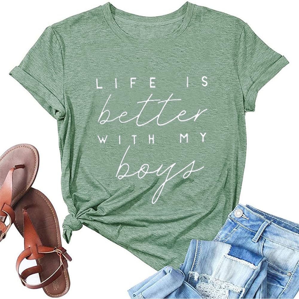 Life is Better with My Boys Women Funny Mom Gift Shirts Graphic Summer Short Athletic Casual Workout Tops