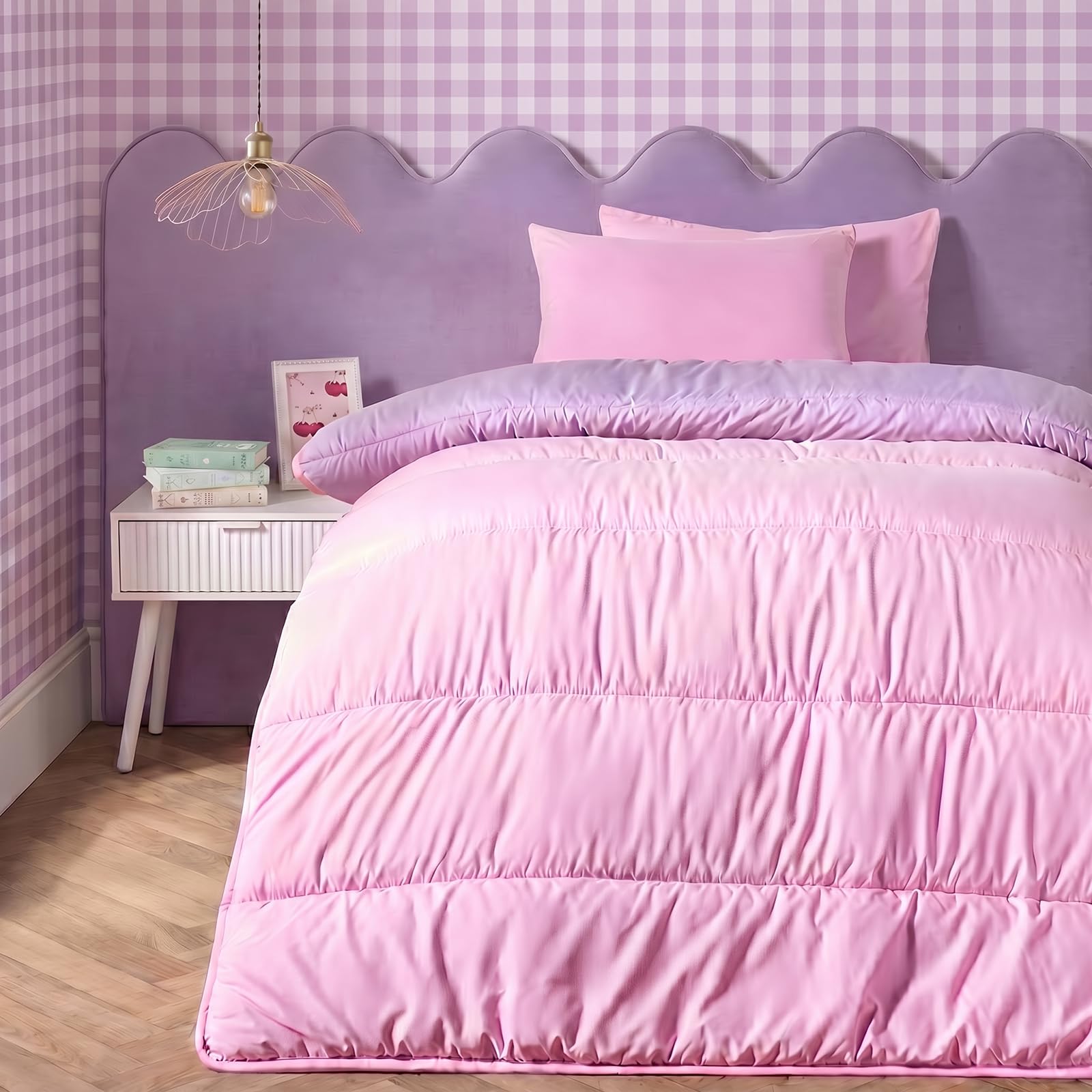 OHS Coverless Quilt Double 10.5 Tog, Reversible Duvet Double Washable Coverless Duvet Camping Summer Winter Duvets Soft Warm Comfy Bedding with Pillowcase, Pink/Lilac
