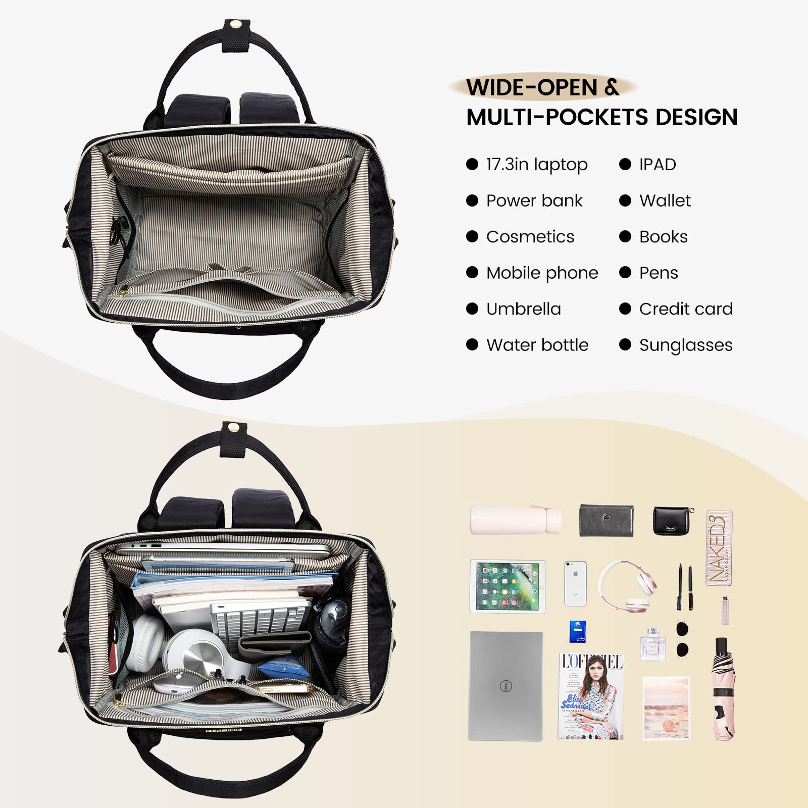 LOVEVOOK Schulrucksack Jungen Teenager Groß, 17 Zoll Laptop Rucksack Damen Arbeitsrucksack mit USB Ladeanschluss & Laptopfach, Wasserdicht Daypacks für Arbeit Reise Schule Uni, Schwarz
