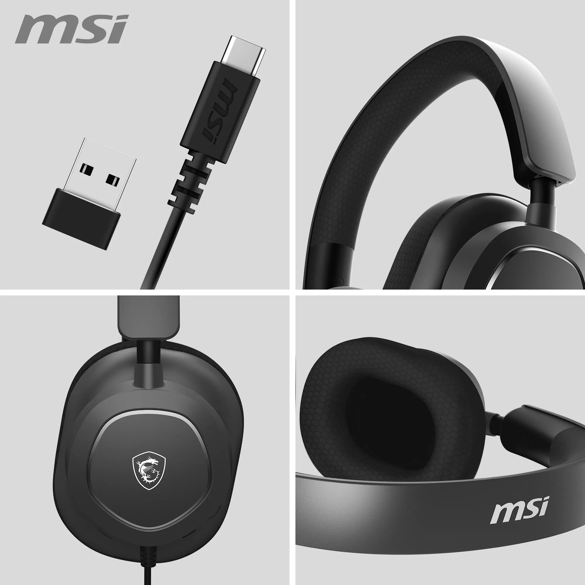 MSI Zestaw słuchawkowy do gier MAESTRO 300 – sterowniki neodymowe 40 mm, mikrofon jednokierunkowy (kardioidalny), piankowe nauszniki o wysokiej gęstości, lekka i obrotowa konstrukcja, adapter USB-C,