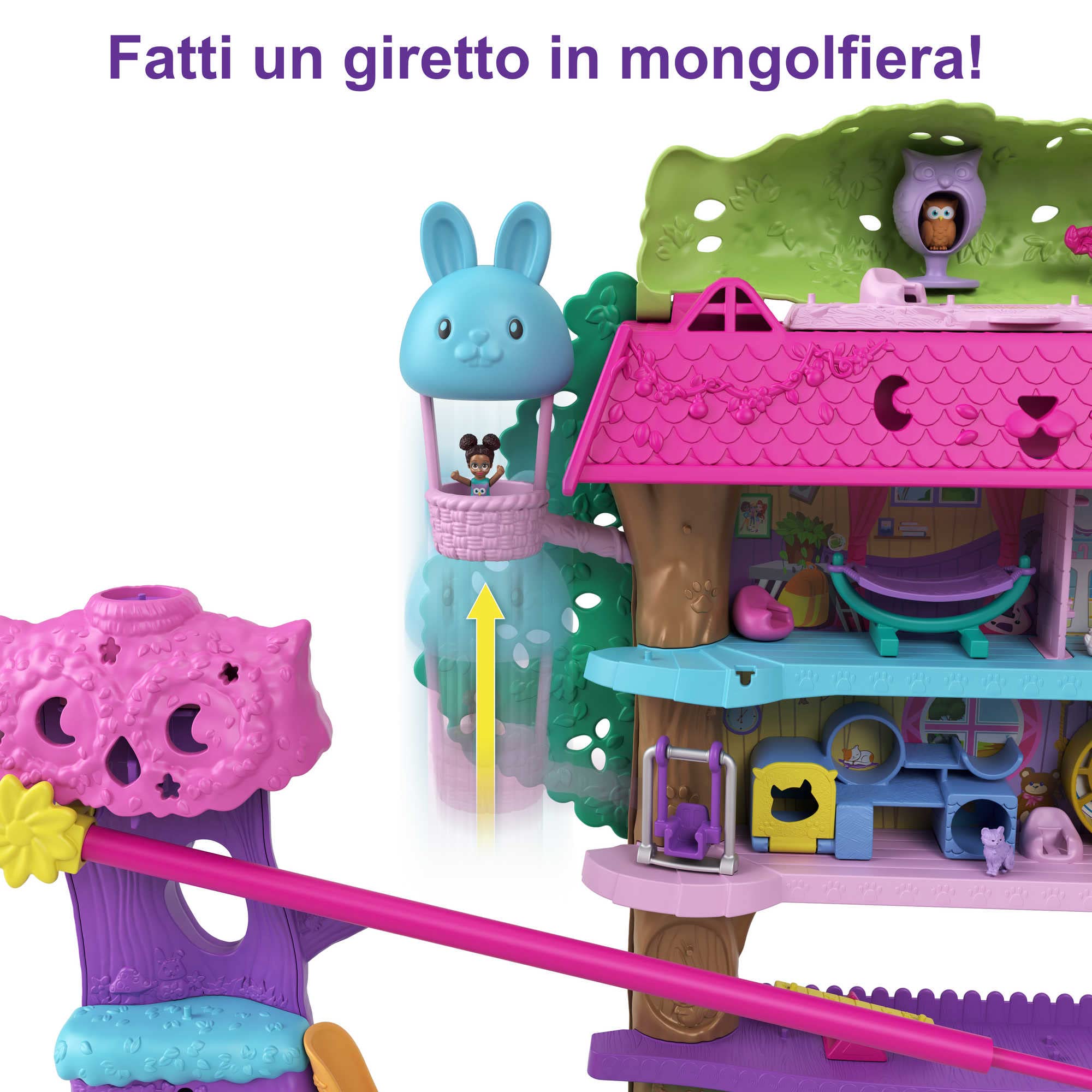 Polly Pocket Pollyville - Casa sull'Albero dei Cuccioli, playset a 5 piani, oltre 15 pezzi gioco: 2 bambole, veicolo, 4 animali, Giocattolo e regalo per Bambini 4+ Anni, HJJ98