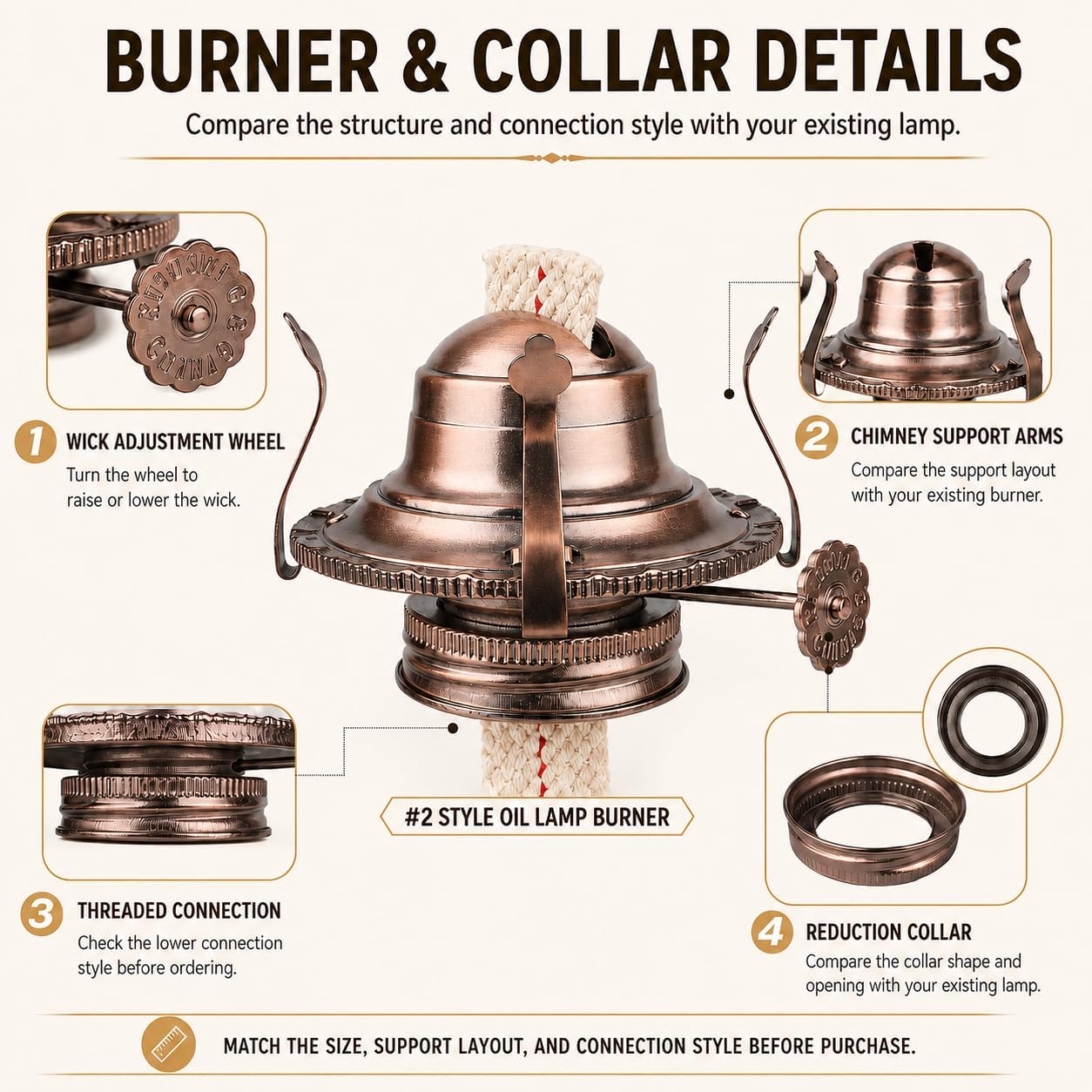#2 Oil Lamp Burner Replacement, Red Copper Finish, Fits 3 Inch Base Chimney