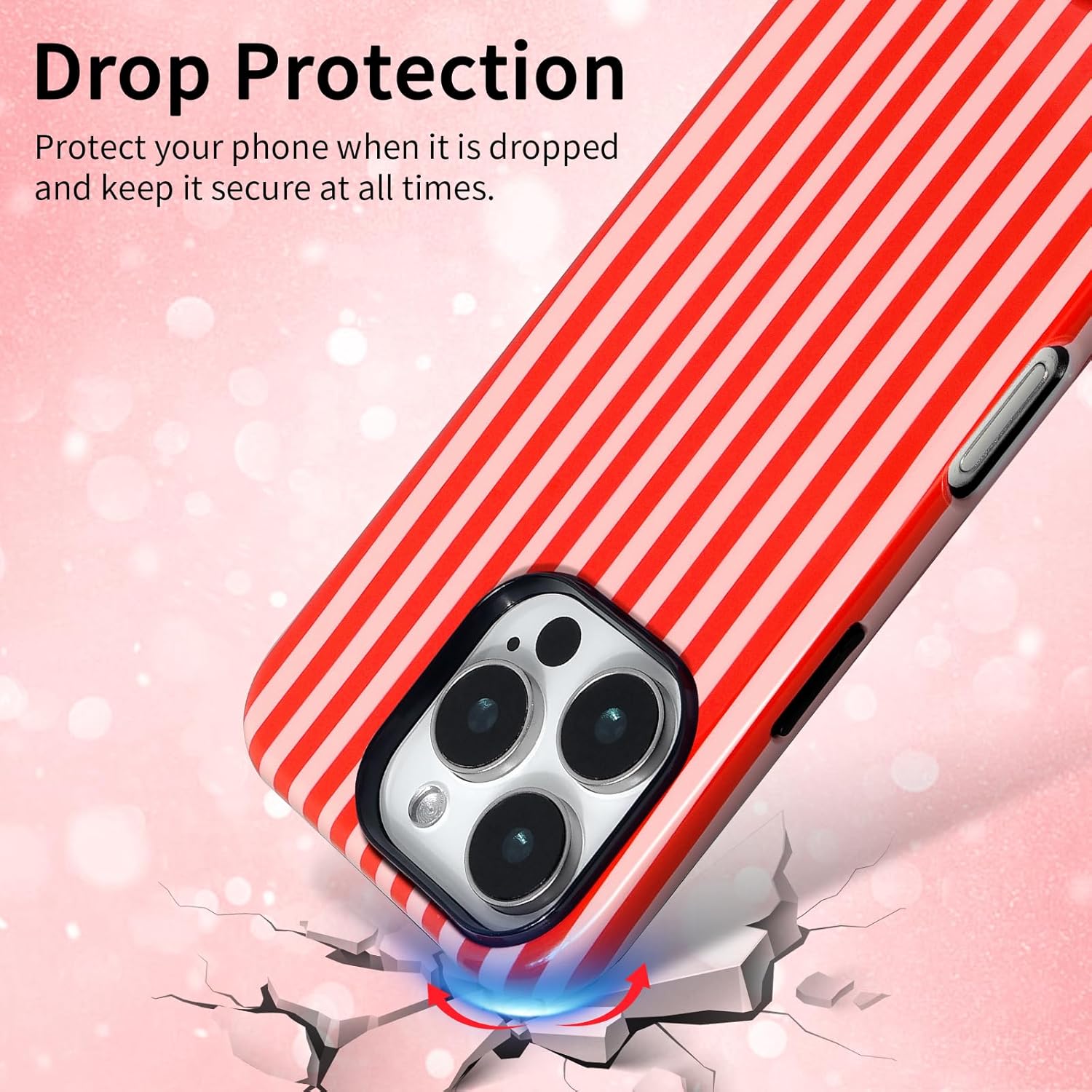 Fycyko Compatible with iPhone 16 Pro Case Striped Cute Aesthetic Phone Case Shockproof TPU Hard PC Protective Cover for iPhone 16 Pro-Pink Red - Image 2
