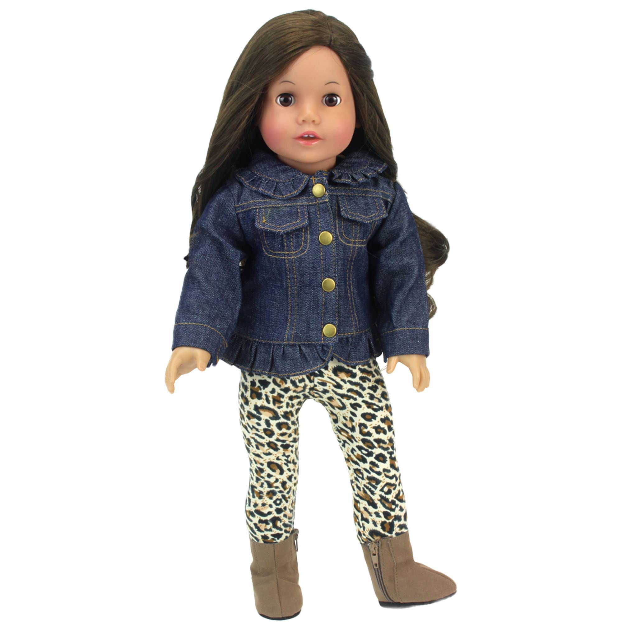Sophia's Ruffle Denim Jean Jacket, Animal Print Leggings, and Brown Suede Ankle Boots with Zipper Outfit 3 Piece Set for 18