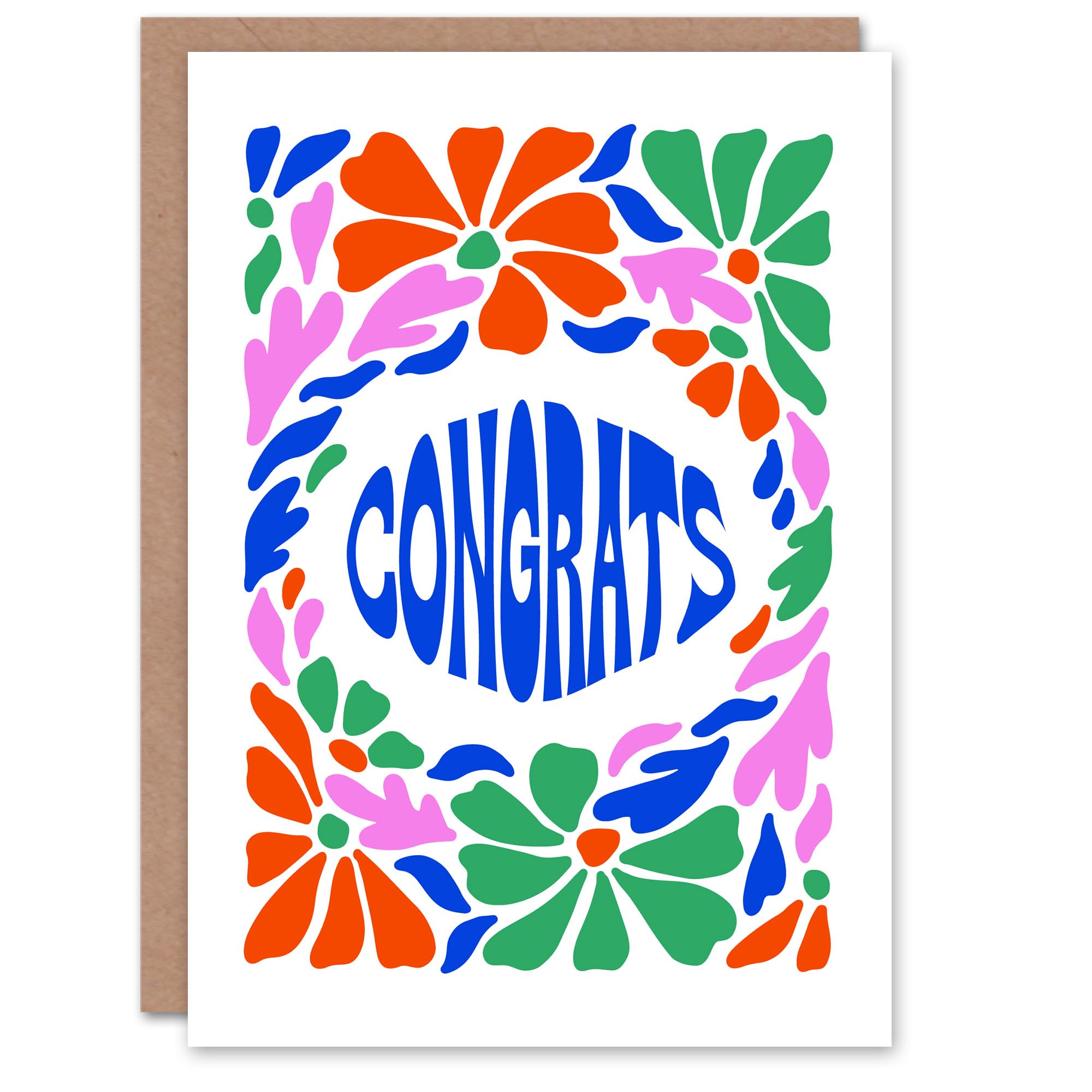 Artery8 Greeting Card - Congrats Groovy Flower Border Retro Floral Design - White