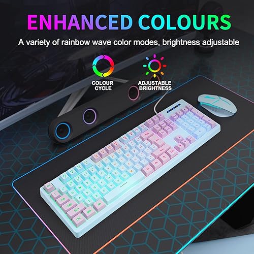 Vista 4 de HUO JI Teclado para juegos con cable USB con retroiluminación LED arcoíris, teclas flotantes, sensación mecánica, resistente a derrames, ergonómico