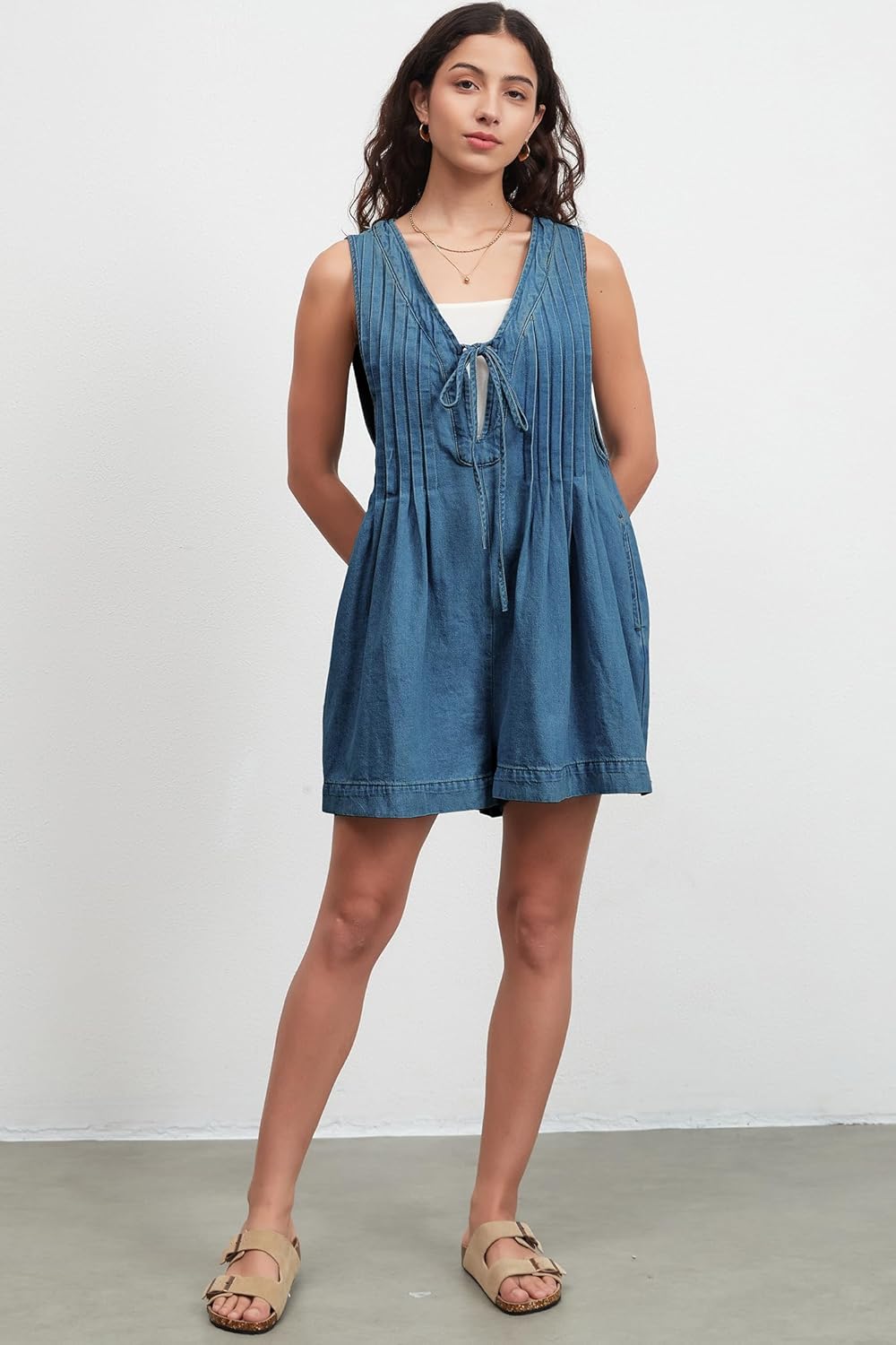 D-Sun Women Summer Sleeveless Denim Romper Casual V Neck Tie Front Ruffled Denim Short Overall Jumpsuit with Pocket - Image 6