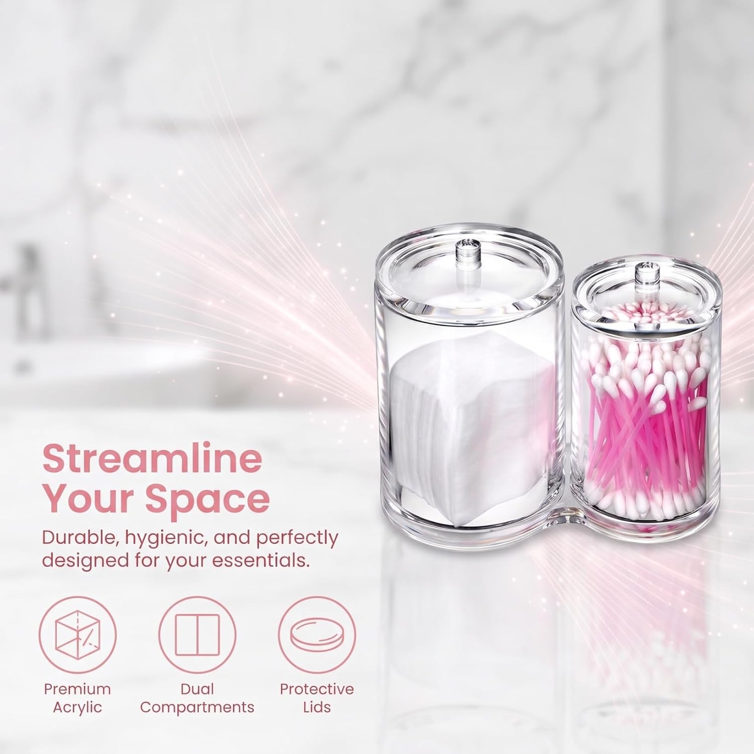 Luxshiny Clear Acrylic Cotton Swab Holder with Lids, 2-Compartment | Transparent Dual Cotton Round Holder for Pads, Makeup Tools, Lipsticks and Small Essentials, 6 X 5 X 3.3 Inch