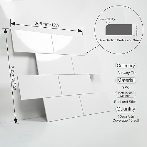 Miniatura 2 de COLAMO 10 hojas de lujo para despegar y pegar, azulejos autoadhesivos de cerámica sintética brillante de 12 x 12 pulgadas, blanco puro para cocina,