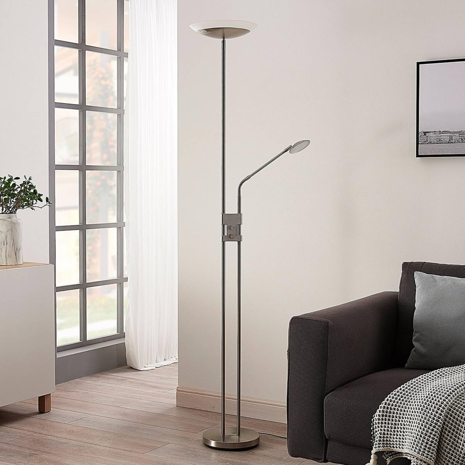 Lindby LED Stehlampe, Deckenfluter dimmbar verstellbarer Lesearm Standleuchte Metall Standlampe Wohnzimmerlampe Leselampe