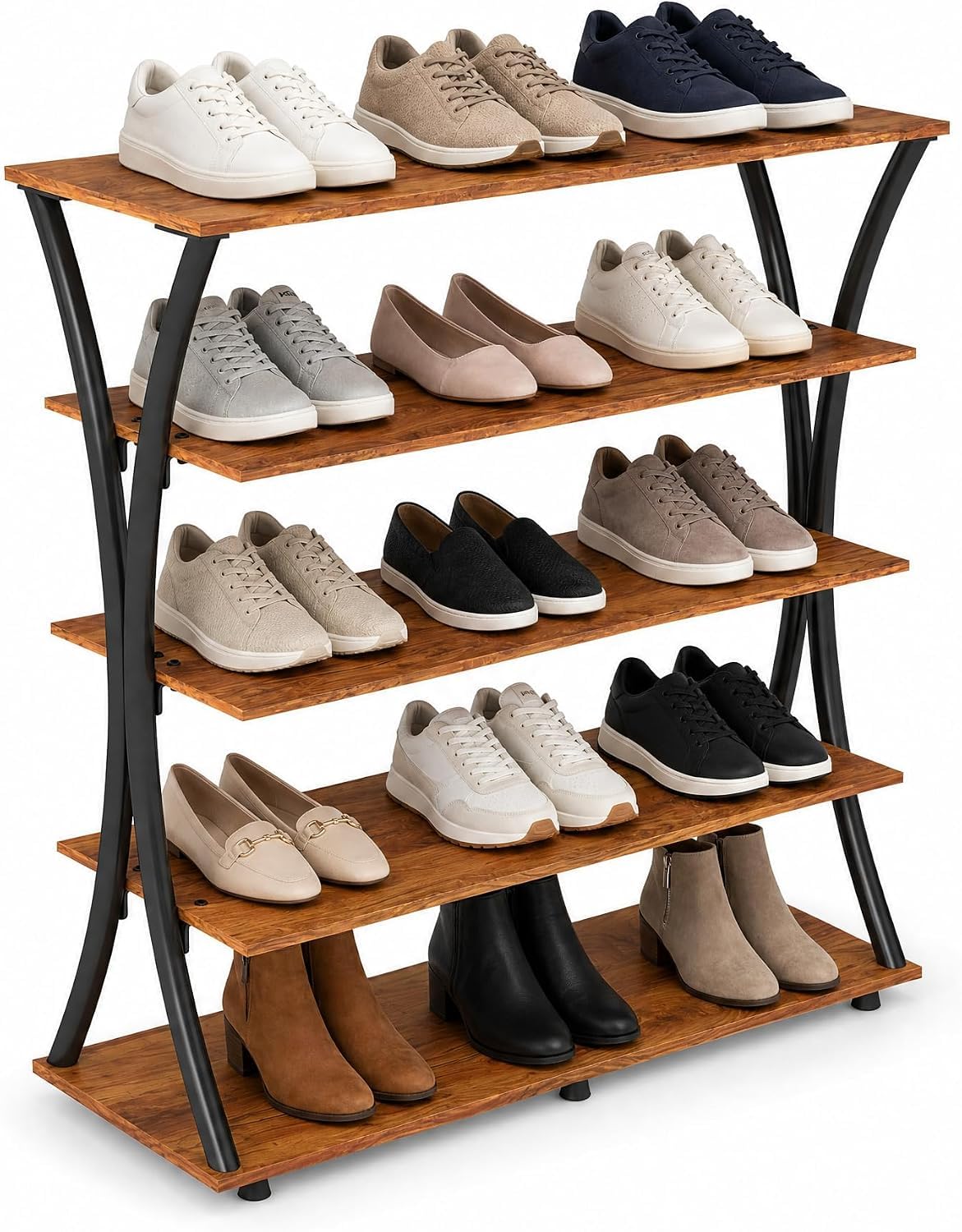Manora Meuble à Chaussures 5 Niveaux, Étagère à Chaussures en Métal et Bois, Range Chaussures pour 15-20 Paires, Style Industriel Moderne, Rangement Entrée Salon Chambre, Marron Rustique