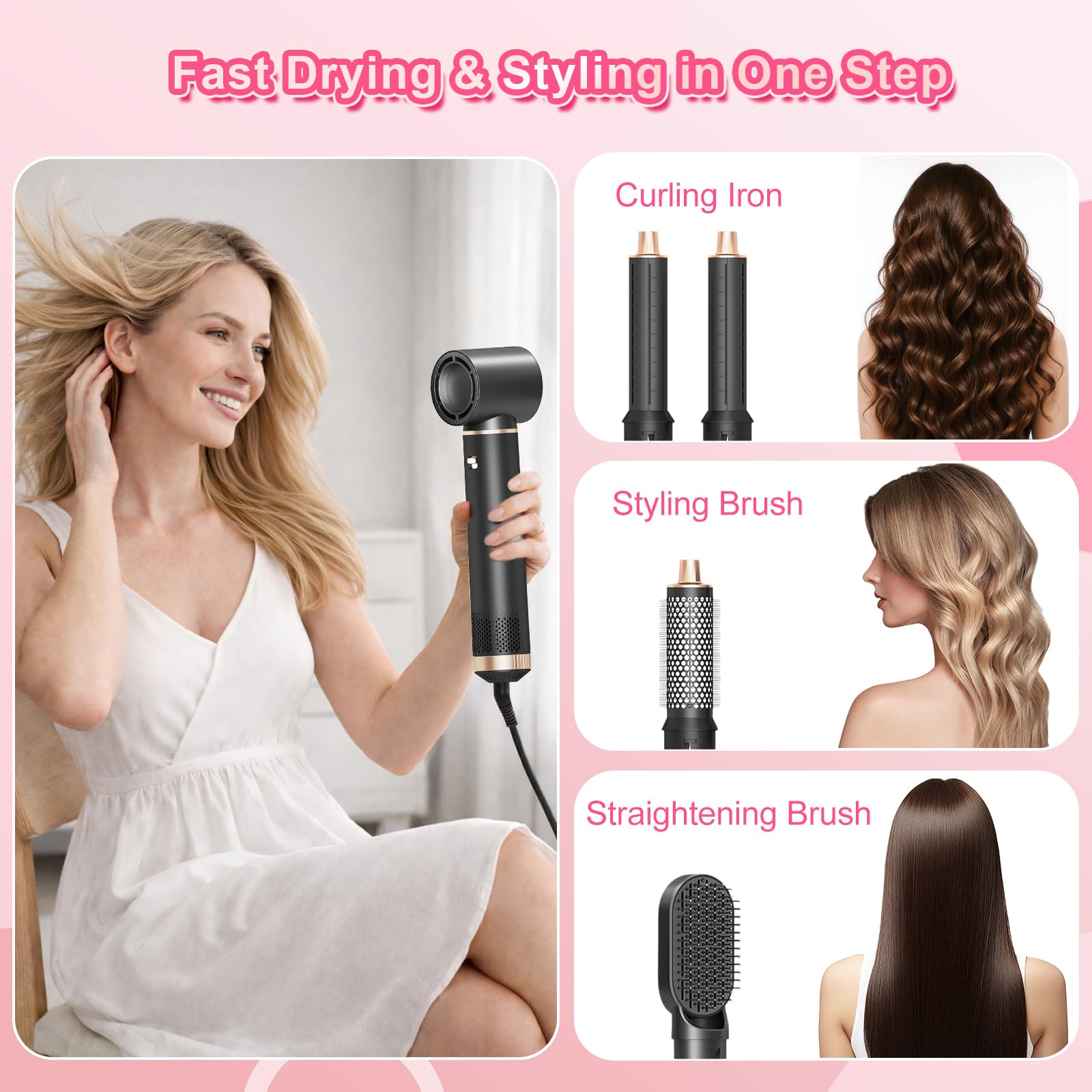 Dryhsip Brosse Soufflante 5 en 1, Brosse Chauffante Brushing et Air Styler avec Têtes Amovibles (fer Friser, Volumatrice, Lissante, Boucleur), de Voyage Légers pour Femmes et Hommes (Matte)