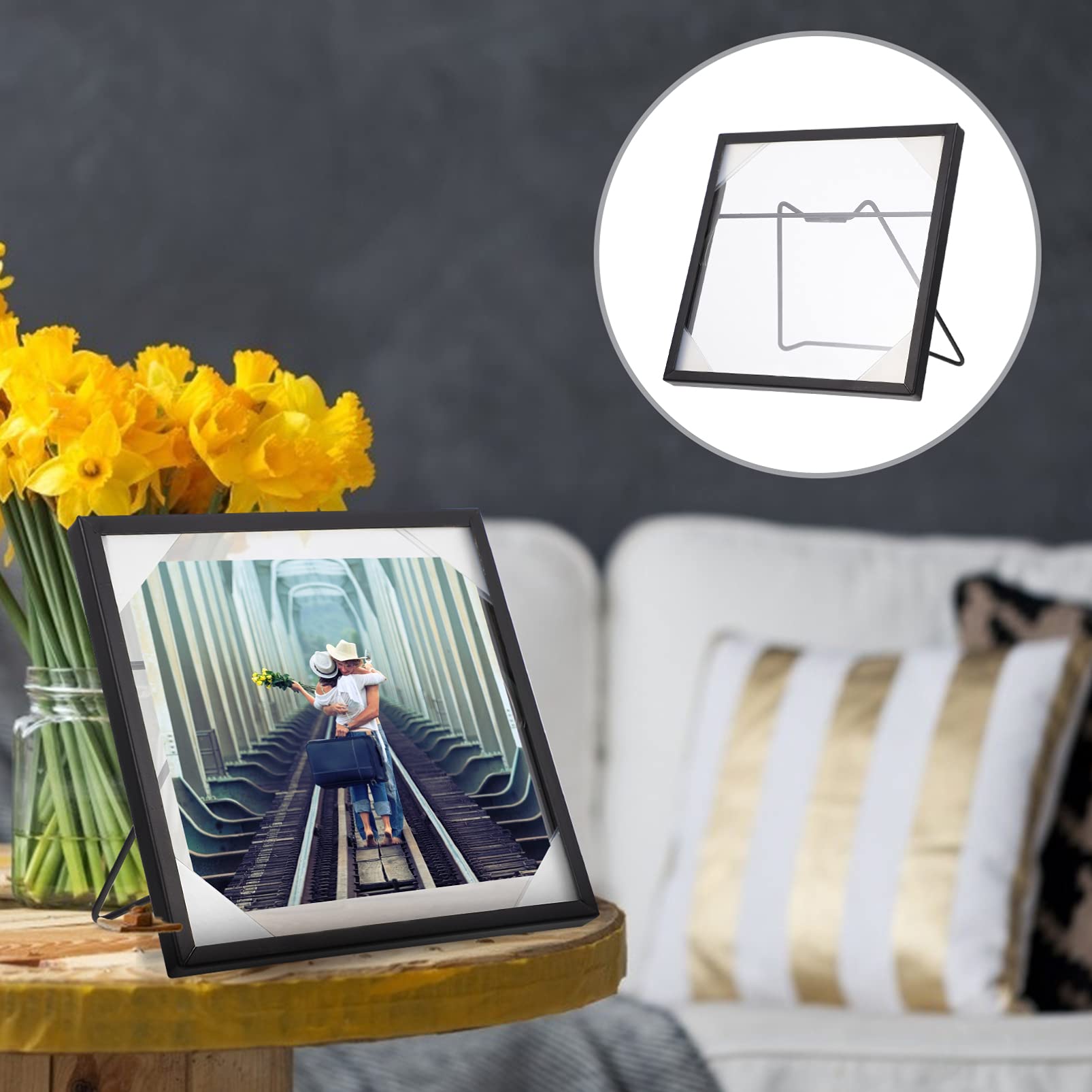 Artibetter Cornice Portafoto Da Tavolo Quadrata In Metallo E Vetro - 14x14 Cm - Nero - Supporto Incluso - 3