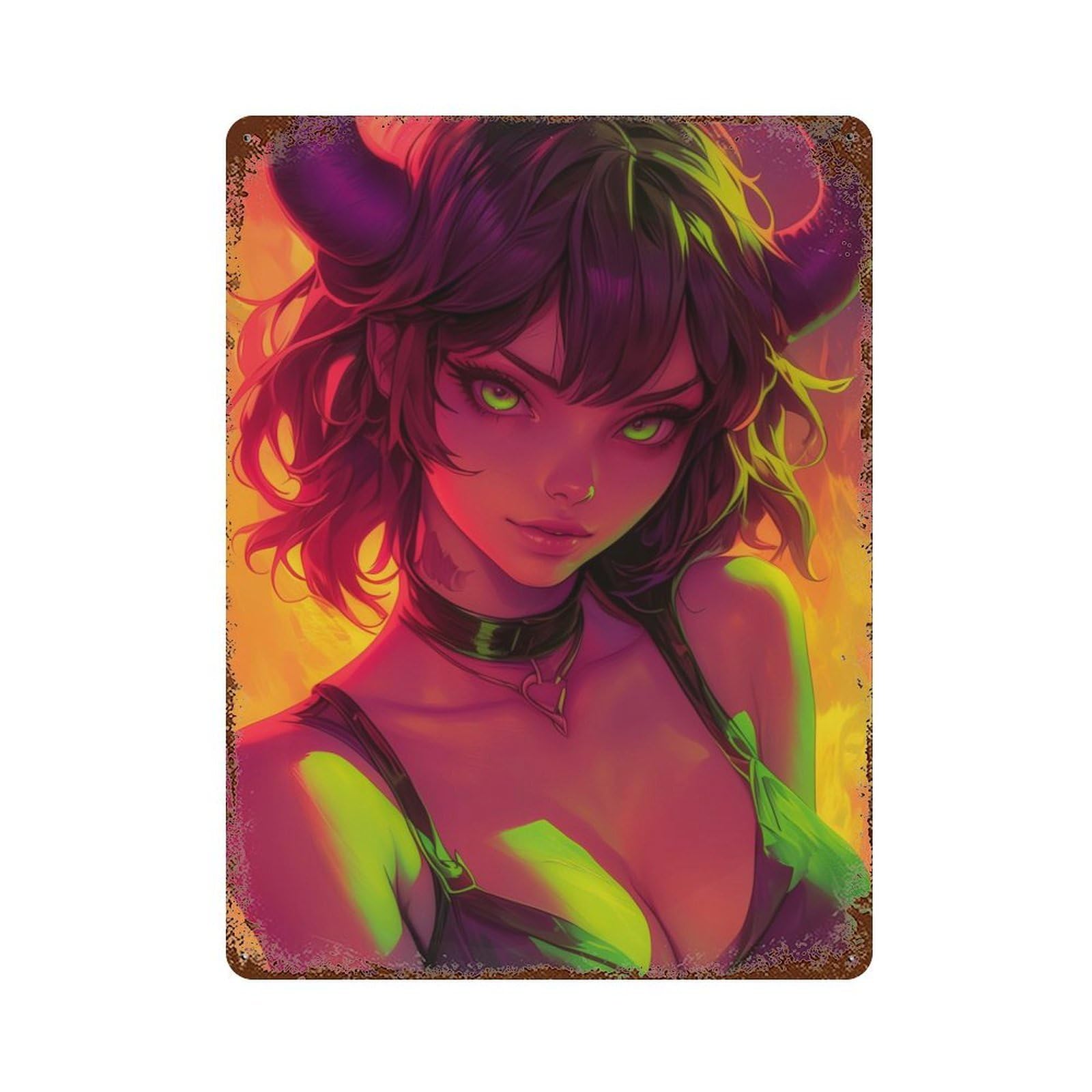 Garage Style Neon Oni Demon Anime Girl Rusty Metal Tin Sign 15.7"x11.8", Industrial Home Decor for Bar And Workshop