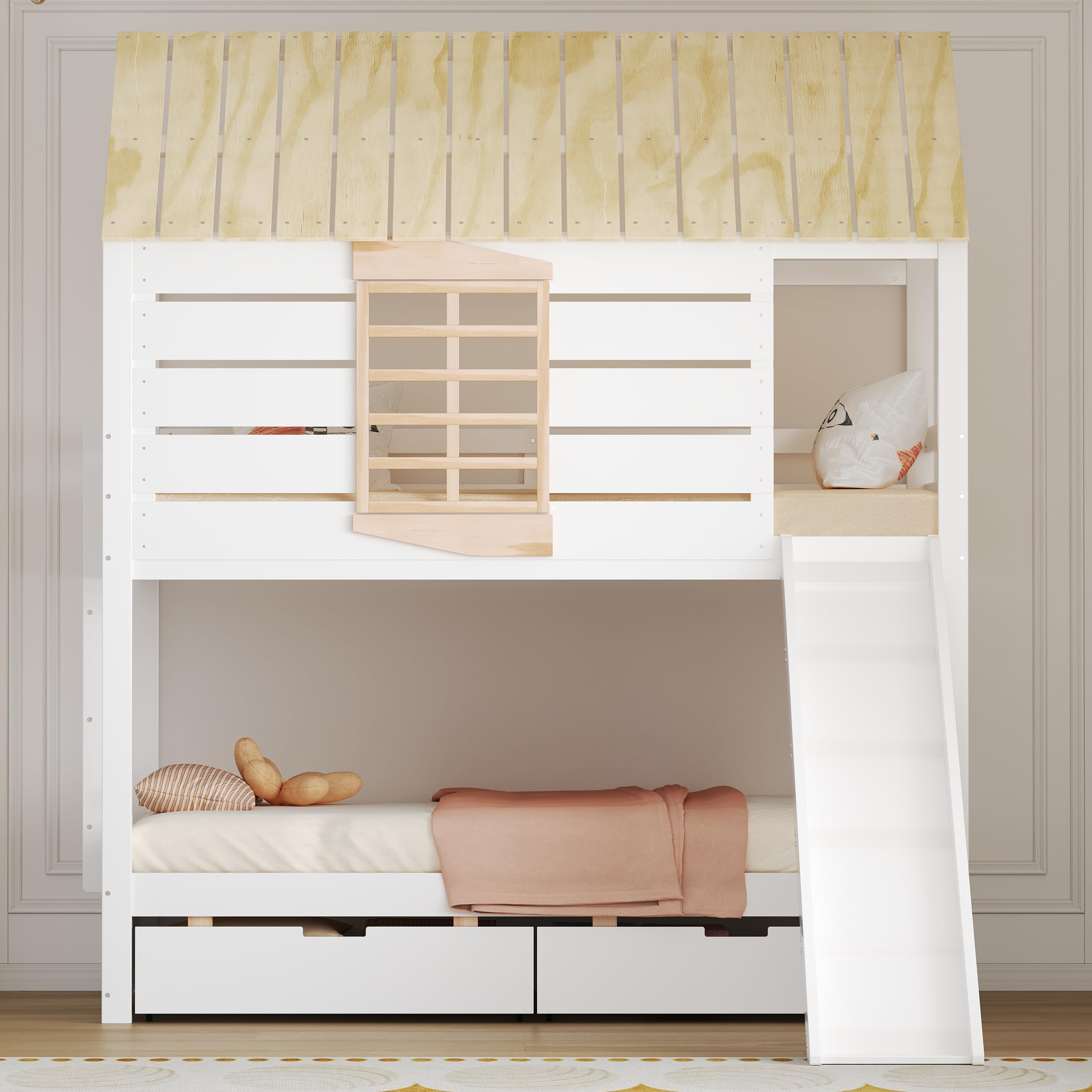 Letto a soppalco basso con scivolo, letto a soppalco con scivolo, 90x200 letto singolo con 2 cassetti, scala e protezione dalle cadute, senza materasso (bianco+naturale)