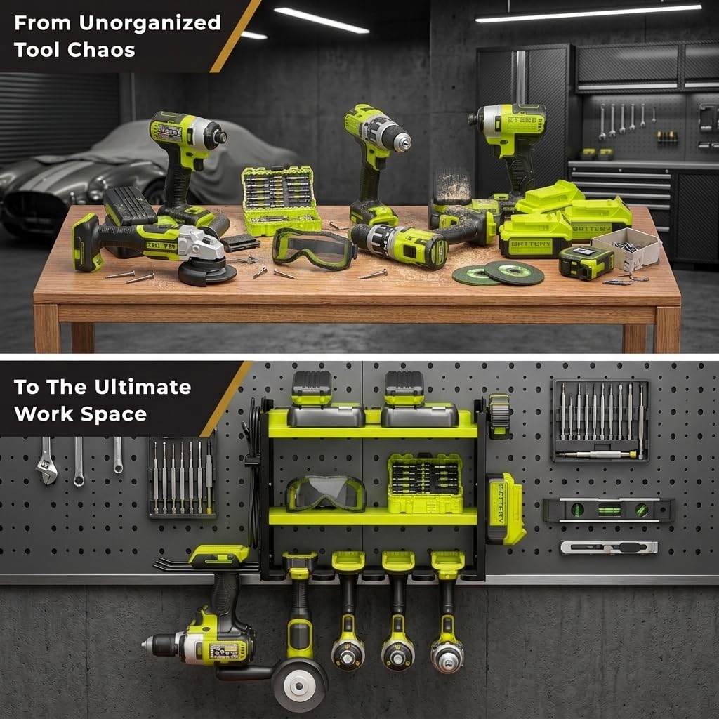 BUILTSTRONG Wandhalterung für Elektrowerkzeug-Organizer, 3-stöckig, robustes Stahlregal, 6 Bohrschlitze, zwei Stecktafelseiten, nebeneinander modular, 45,4 kg Kapazität, Garage und Werkstatt (grün)
