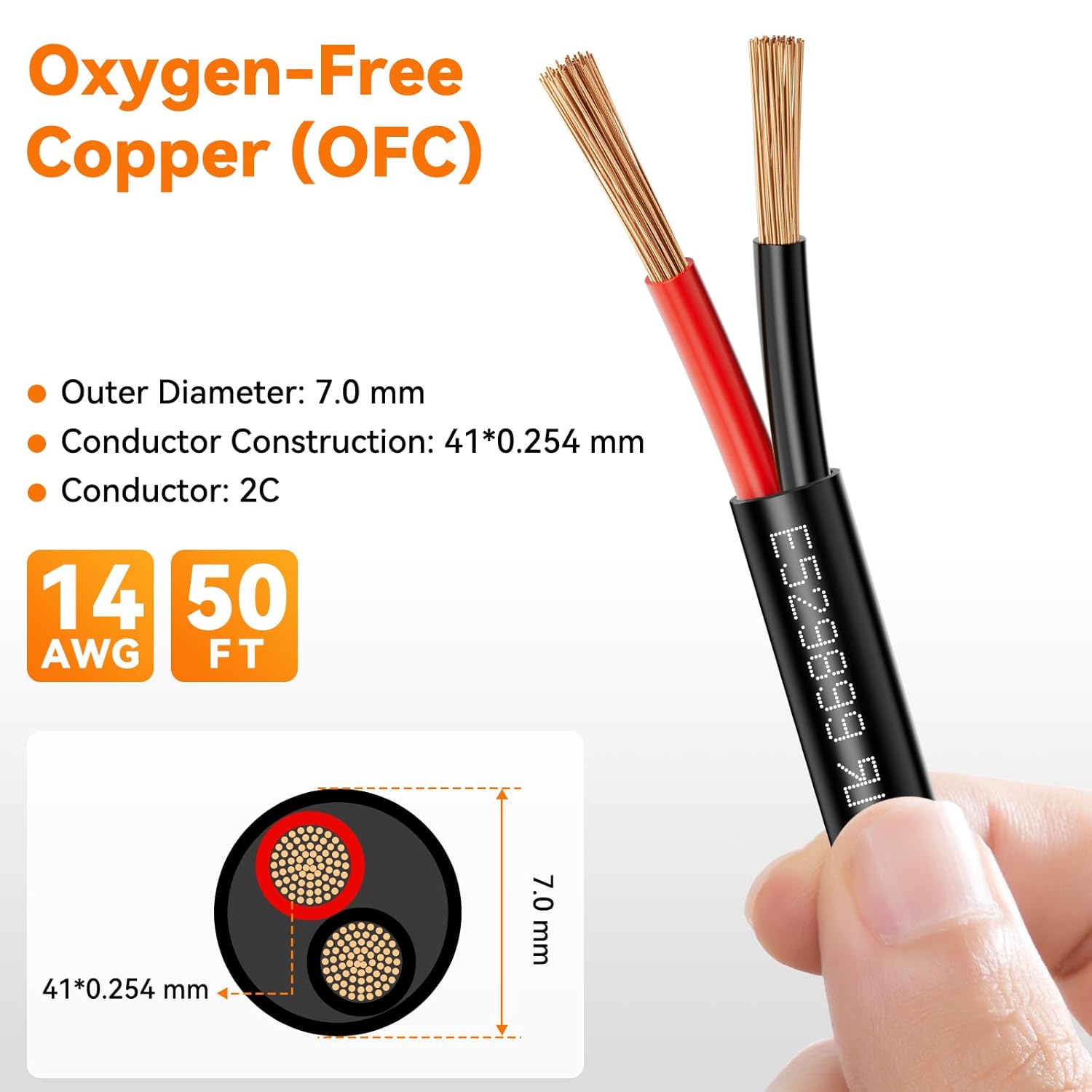 14 Gauge 2 Conductor Low Voltage Wire, 50FT Oxygen Free Copper (OFC) Flexible Electrical Wire for Landscape Lighting, LED, Home, Lamp Cord, Automotive & RV Wiring