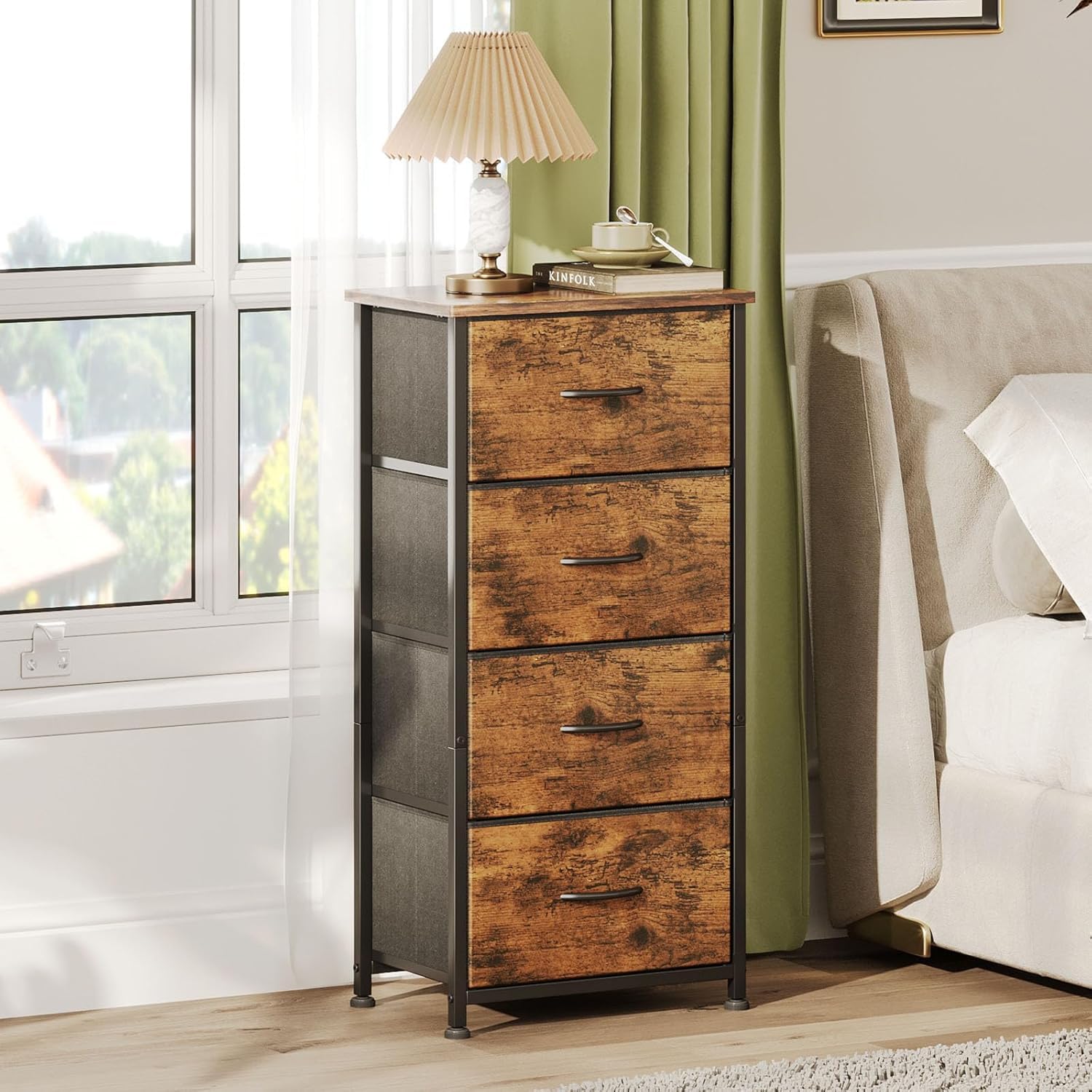 CAIYUN Commode 4 Tiroirs, Meuble de Rangement à Tiroirs en Tissu, pour Chambre à Coucher, Couloir, Entrée, Salon, Cadre en Métal, Plateau Bois, Marron
