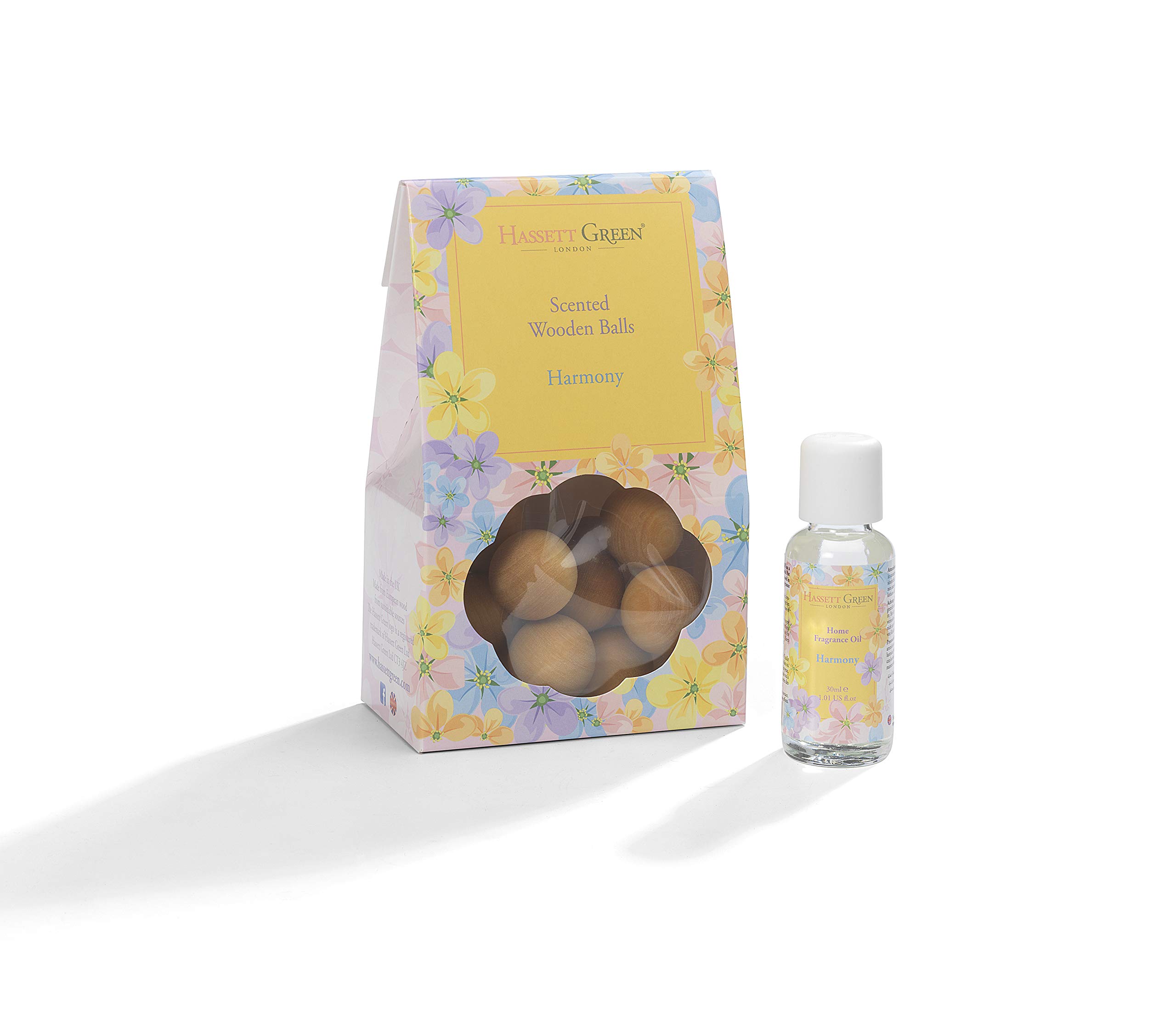 Hassett Green London Brown - Harmony Lily, Violet & Jasmine - Scented Wooden Balls Pack Of 12 Plus 30Ml Bottle Of Home Fragrance Oil For Refreshing - Alternative To Pot Pourri