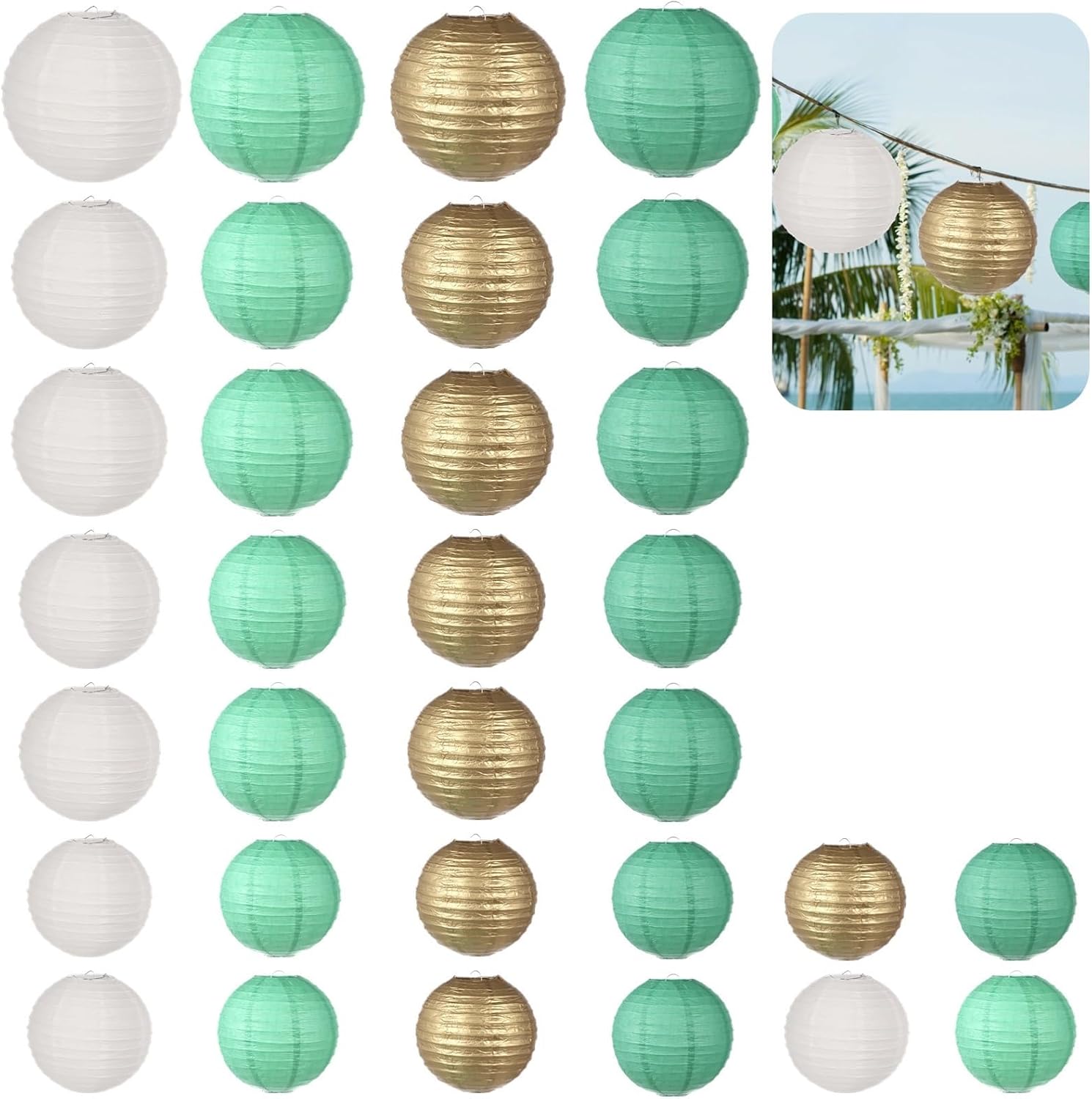 32-Piece Paper Lantern Set, Various Sizes for Weddings, Birthday & Holiday Parties, Foldable Round Hanging Lanterns