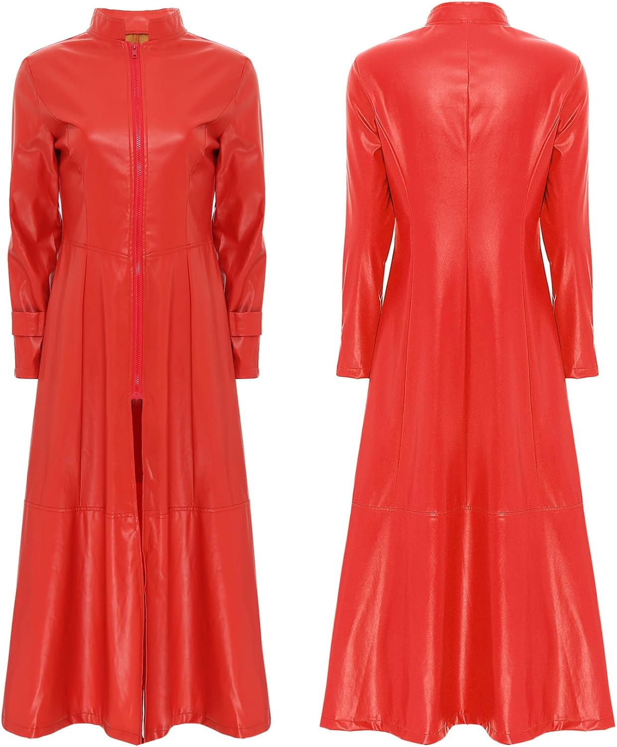 Jelory Women Stylish Leather Long Body Coat Stand Collar Full Zipper Slim Waist Trench Coat Windproof Jackets