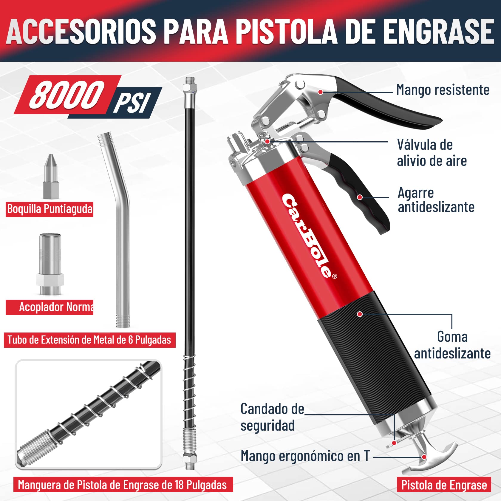 Pistola Engrasadora Manual De 27 Pulgadas | Bomba De Grasa Con Manguera Flexible Y Mango Pistola | Para Automoción Y Maquinaria