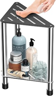 LarFaFa Rustproof Stainless Steel Shower Stool, 15.4" Foot Rest with Storage Shelf, Anti-Slip Corner Bench for Shaving Legs, 400LB Capacity, Silver