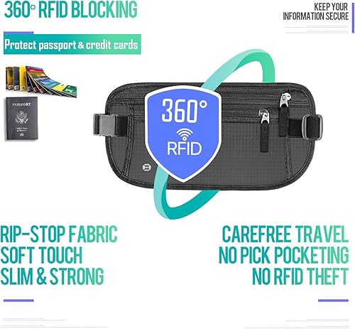Vista 4 de WALNEW Cinturón de dinero de viaje Cartera de viaje oculta con bloqueo RFID, Negro, talla única , Cartera RFID