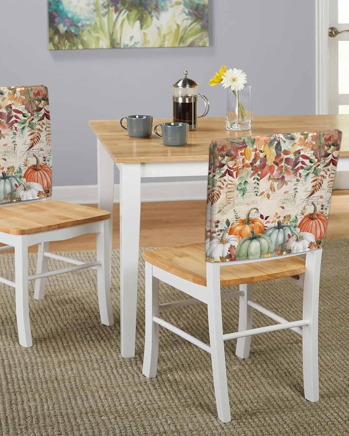 Orange Green Pumpkin Fall Chair Covers Set of 4 for Dining Room, Thanksgiving Leaves Chair Back Cover, Farmhouse Fall Removable Kitchen Chairs Slipcovers Seat Protector for Party Banquet