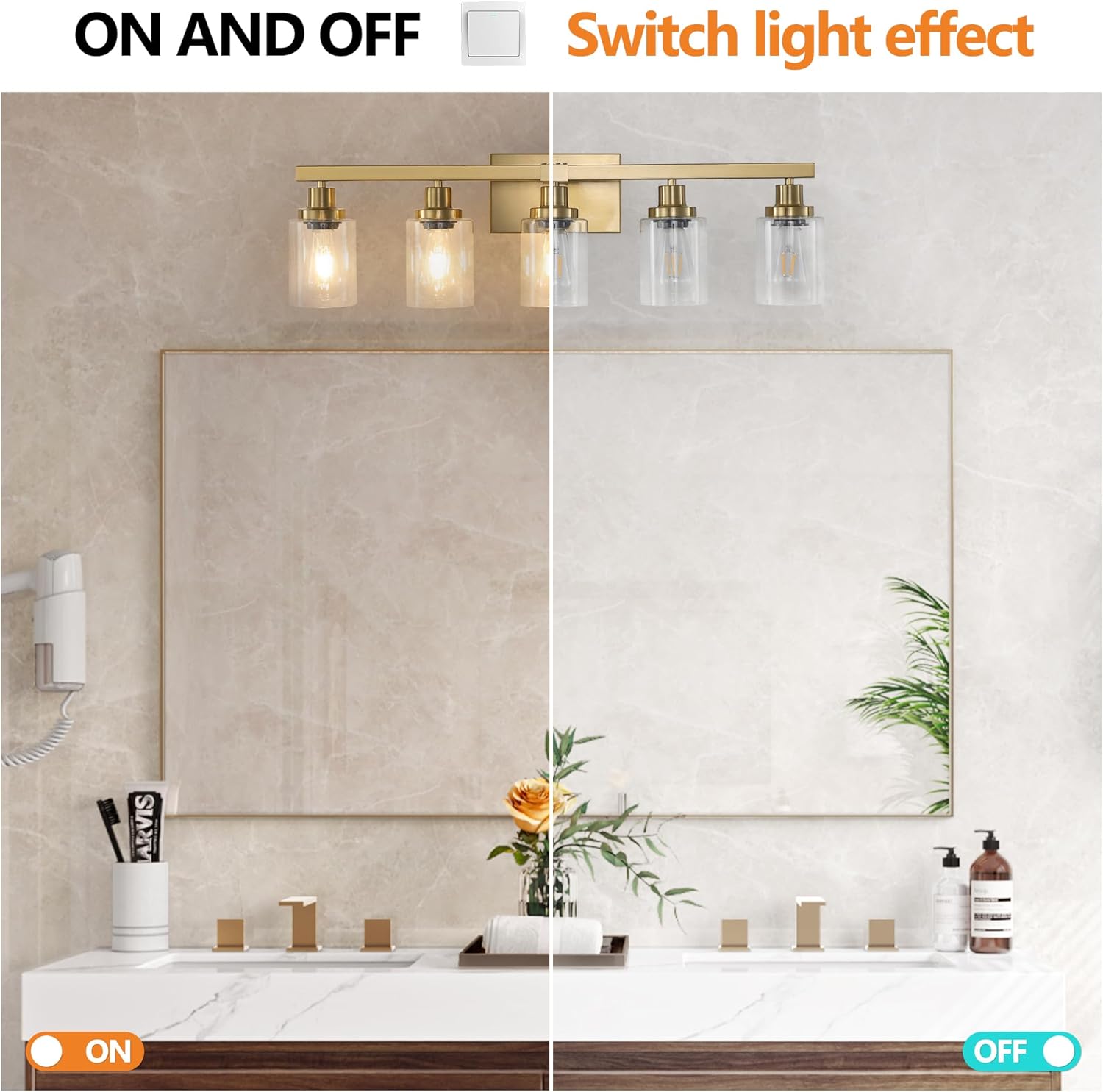 4-Light Bathroom Vanity Light Fixtures, Black Modern Vanity Lights with Clear Glass Shade, Bathroom Light Fixtures for Mirror Kitchen Living Room Hallway Cabinet Porch (5 Llight-Gold)