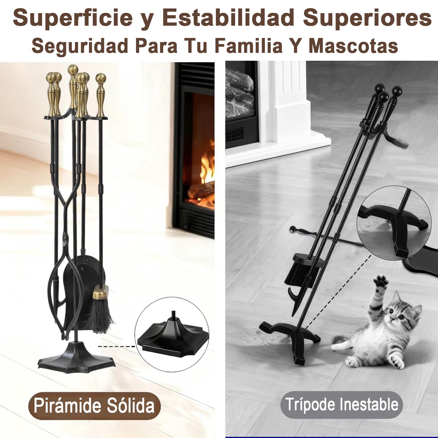 Amagabeli - Juego de 5 Herramientas para Chimenea de 26.5 Pulgadas (67.3 cm) con Asas de latón y Soporte de Hierro Forjado para Interiores y Exteriores, Soporte para fogatas, Pinzas, Pala, Cepillo,