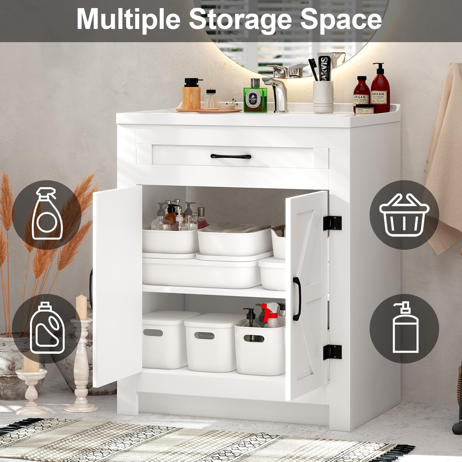 Waschtisch Set mit Unterschrank, Keramik Waschbecken Weiß, 80x47x90 cm